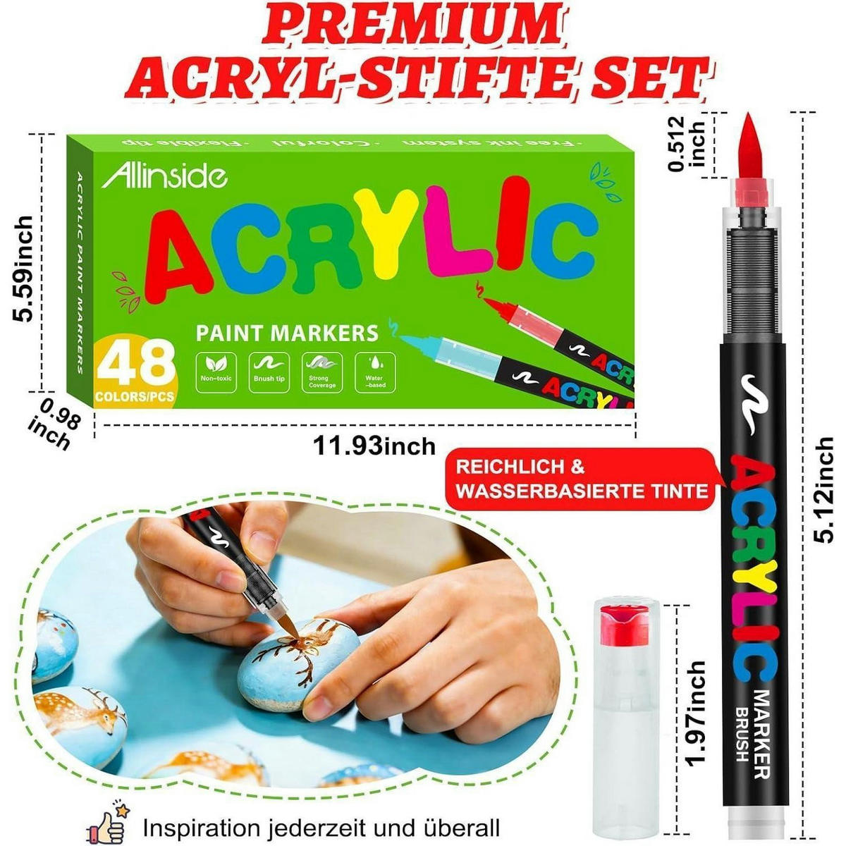ACRYLSTIFTE 48er Set mit 1-5mm Pinselspitze wasserfest - Multicolor, Kunststoff (13/13/13cm)