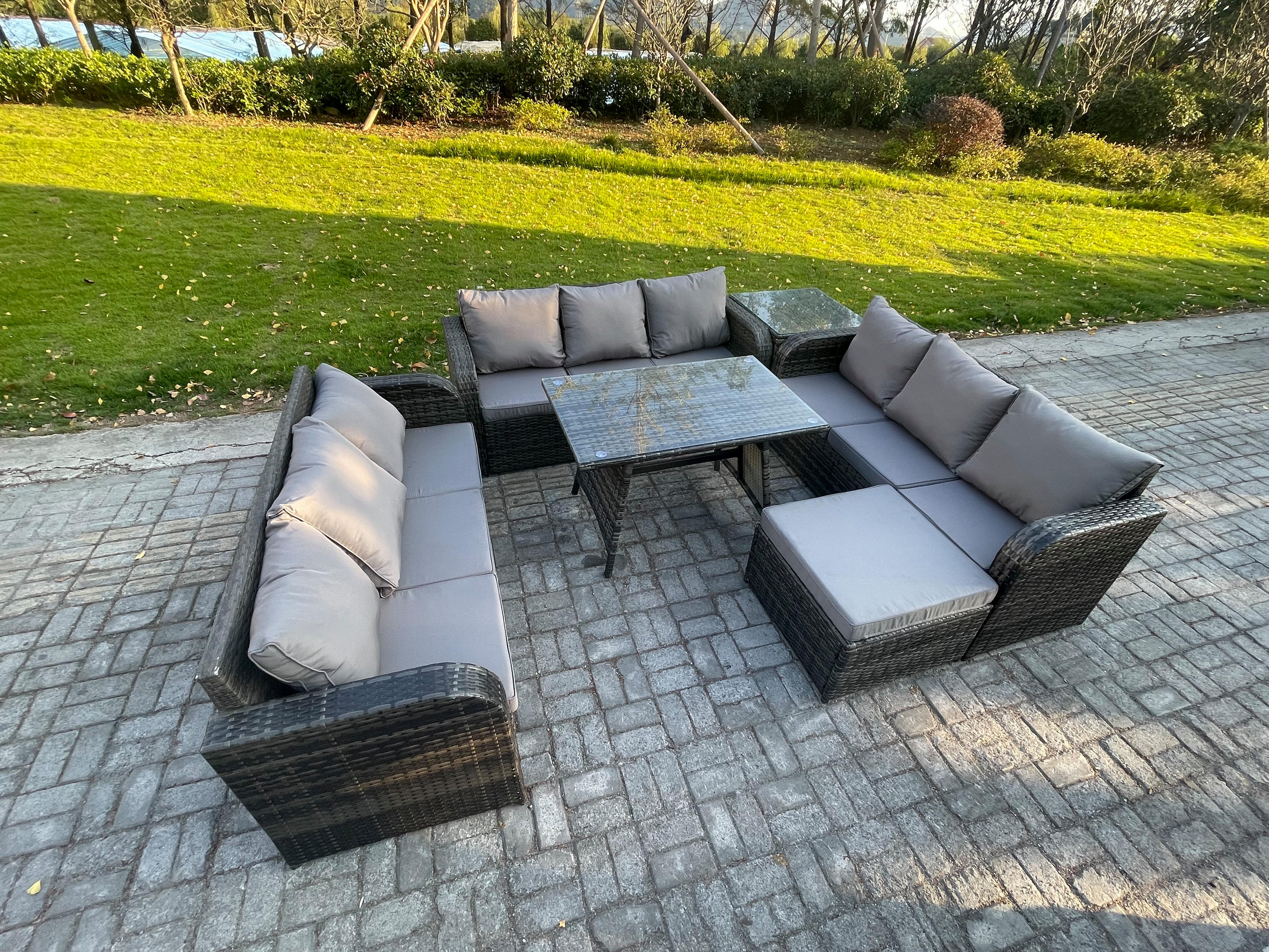 GARTENMÖBELSET mit ESSTISCH, 3-SITZER SOFA Polyrattan 10-Sitzer - Dunkelgrau/Grau, Glas/Kunststoff - Fimous