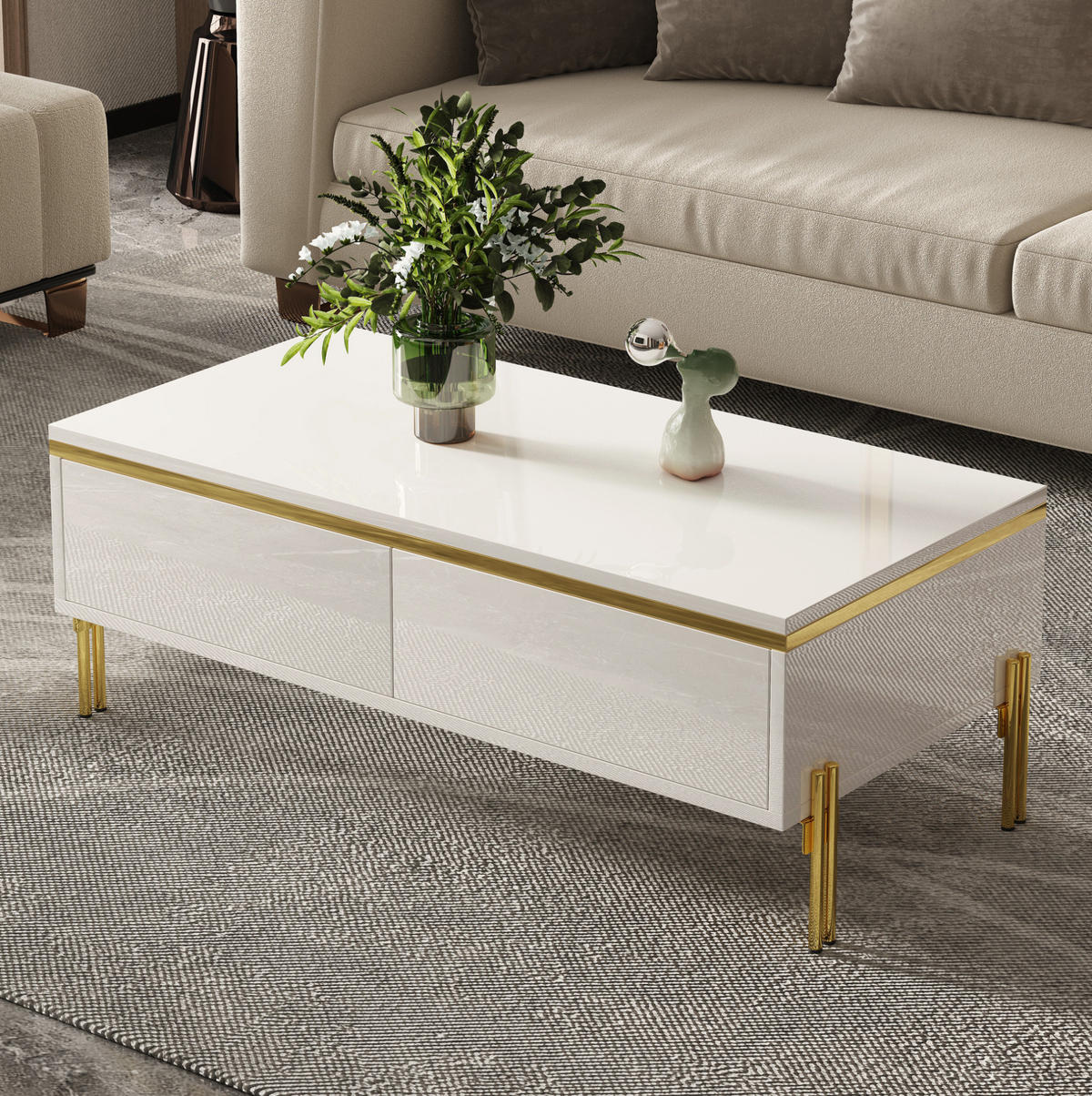 COUCHTISCH 100/50/36 cm in Weiß Hochglanz mit Doppelschubladen - Weiß, Holzwerkstoff (100/50/36cm) - Flora Grace