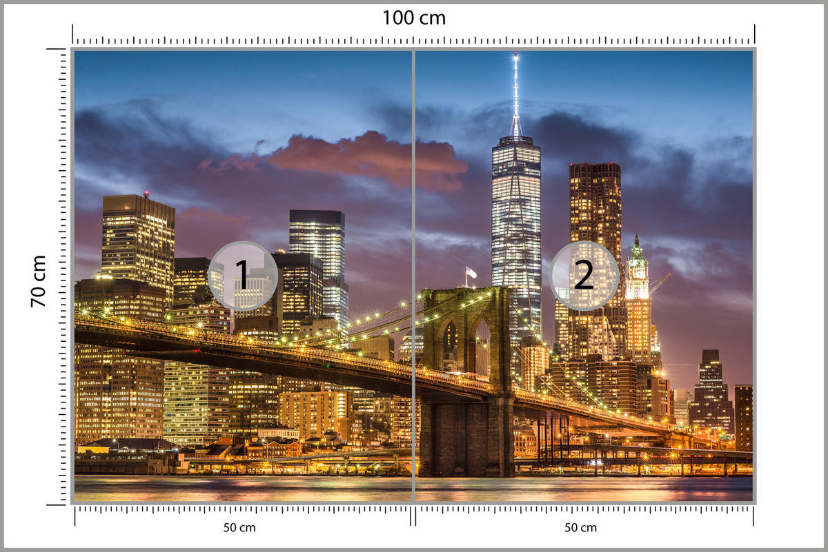 FOTOTAPETE für Wohnzimmer New York Nacht Brooklyn Bridge Wolkenkratzer 100x70 - Blau/Gelb, Papier (100/70cm) - Muralo