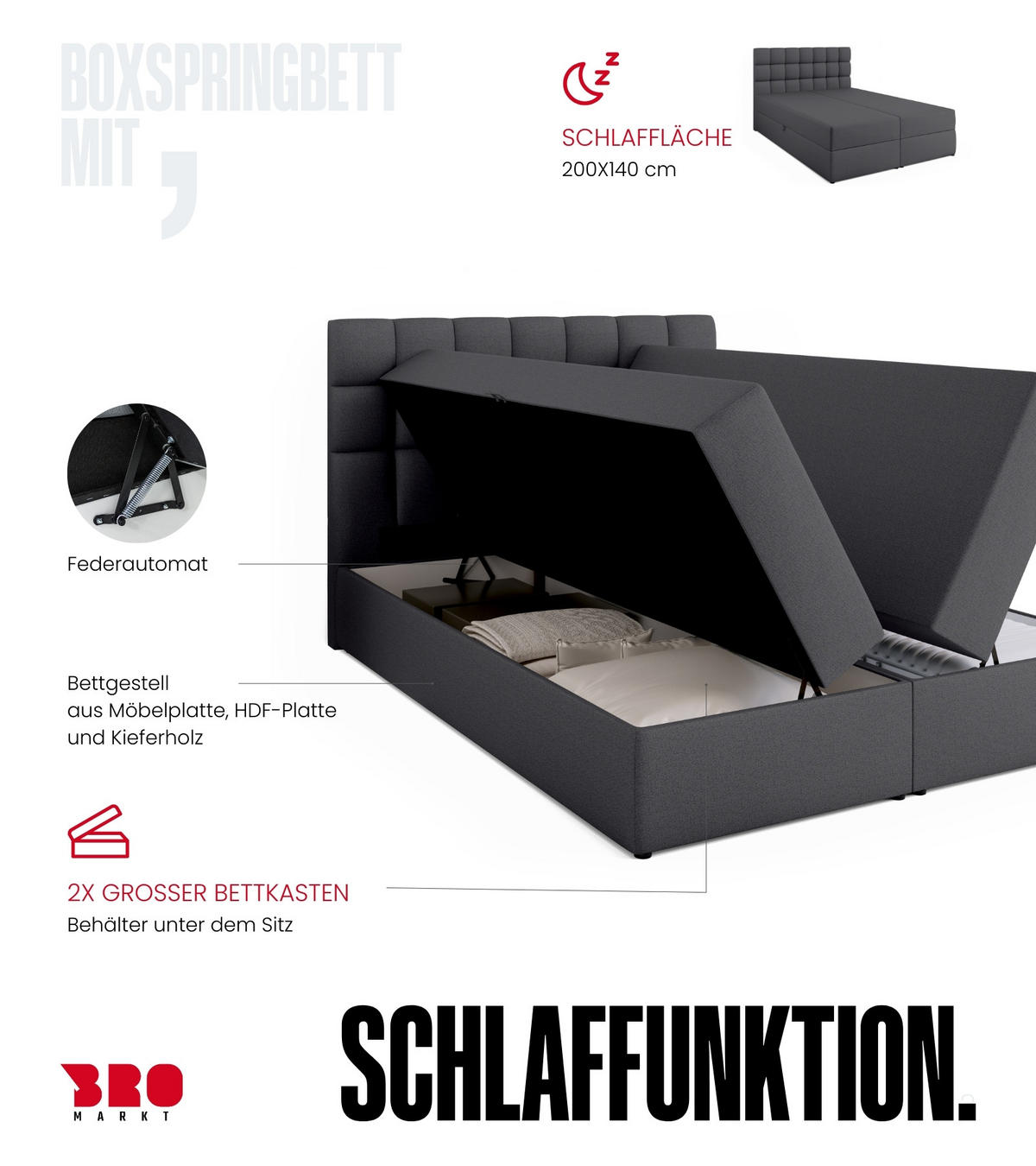 BOXBETT Dakota mit Topper 140/200 Dunkelgrau - Dunkelgrau, Textil (140/200cm) - Bromarkt