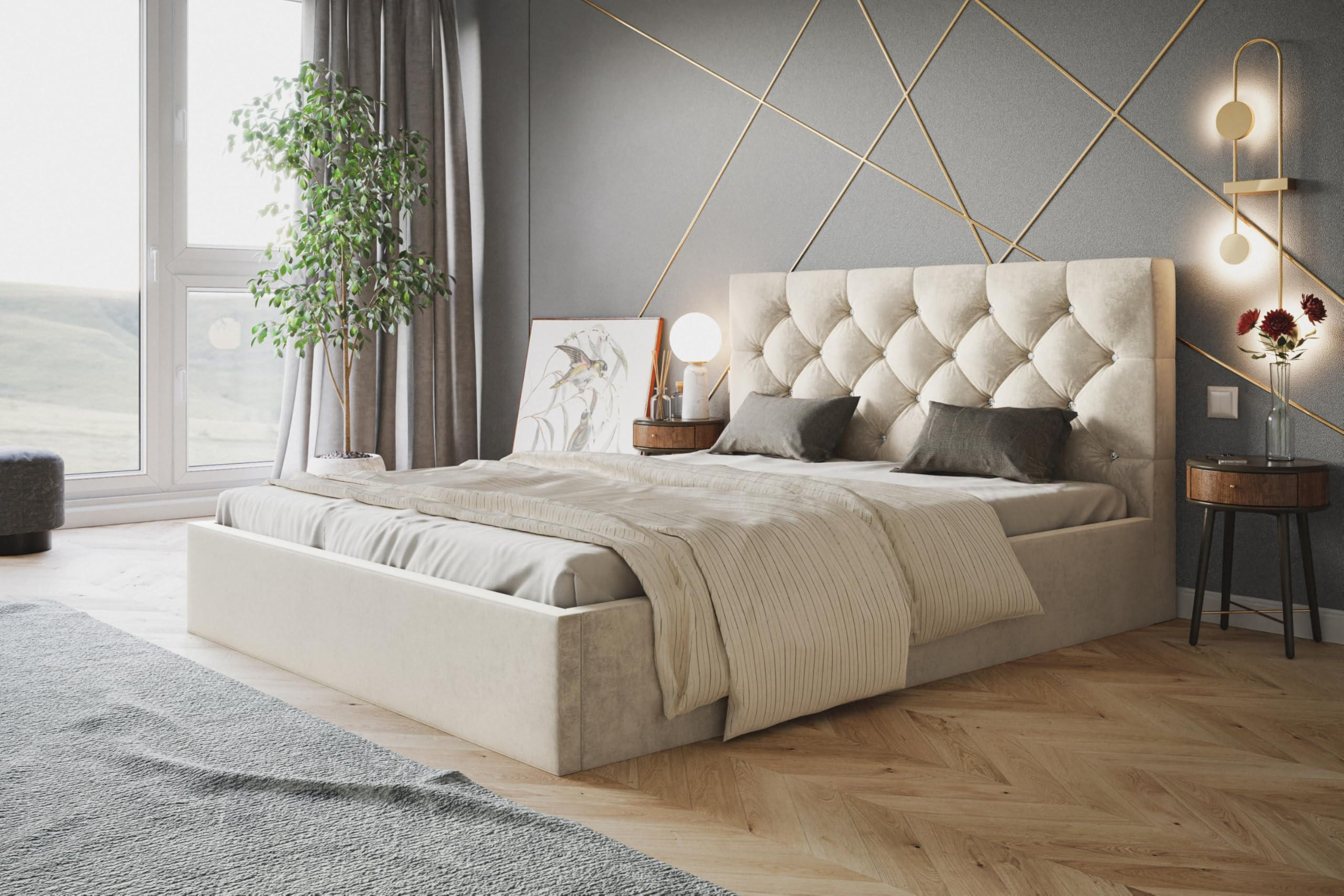 BETT 140x200 - Polsterbett mit Bettkasten und Holzrahmen - Elegant Betten - Weicher Jasminstoff - Kollektion Boston, Beige - AlpiMeble - Beige, Holz/Kunststoff (140/200cm) - Alpi-Möbel