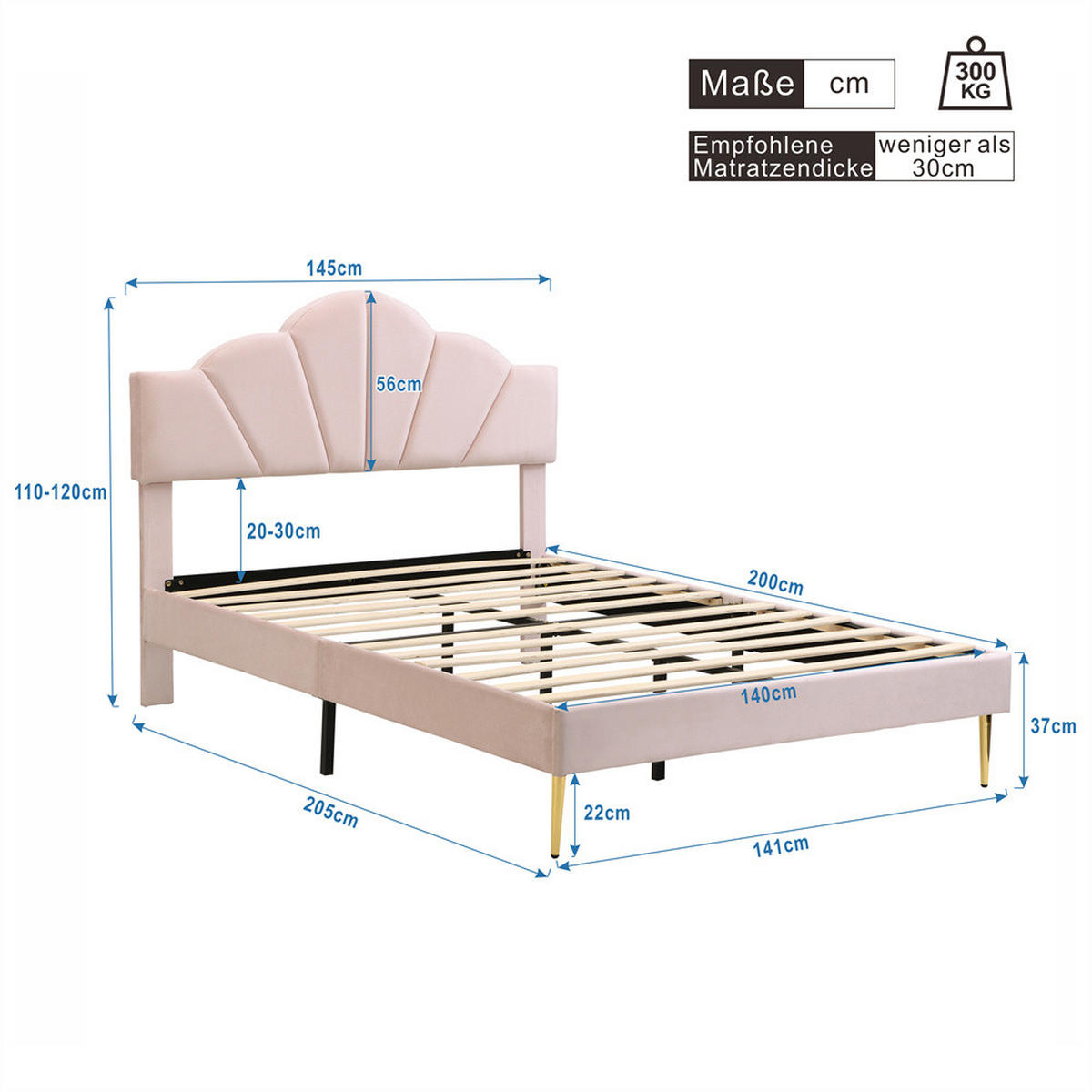 POLSTERBETT 140/200 cm in Rosa Samt mit Goldenen Eisenbeinen - Pink, Holz/Textil (140/200cm) - KOMHTOM