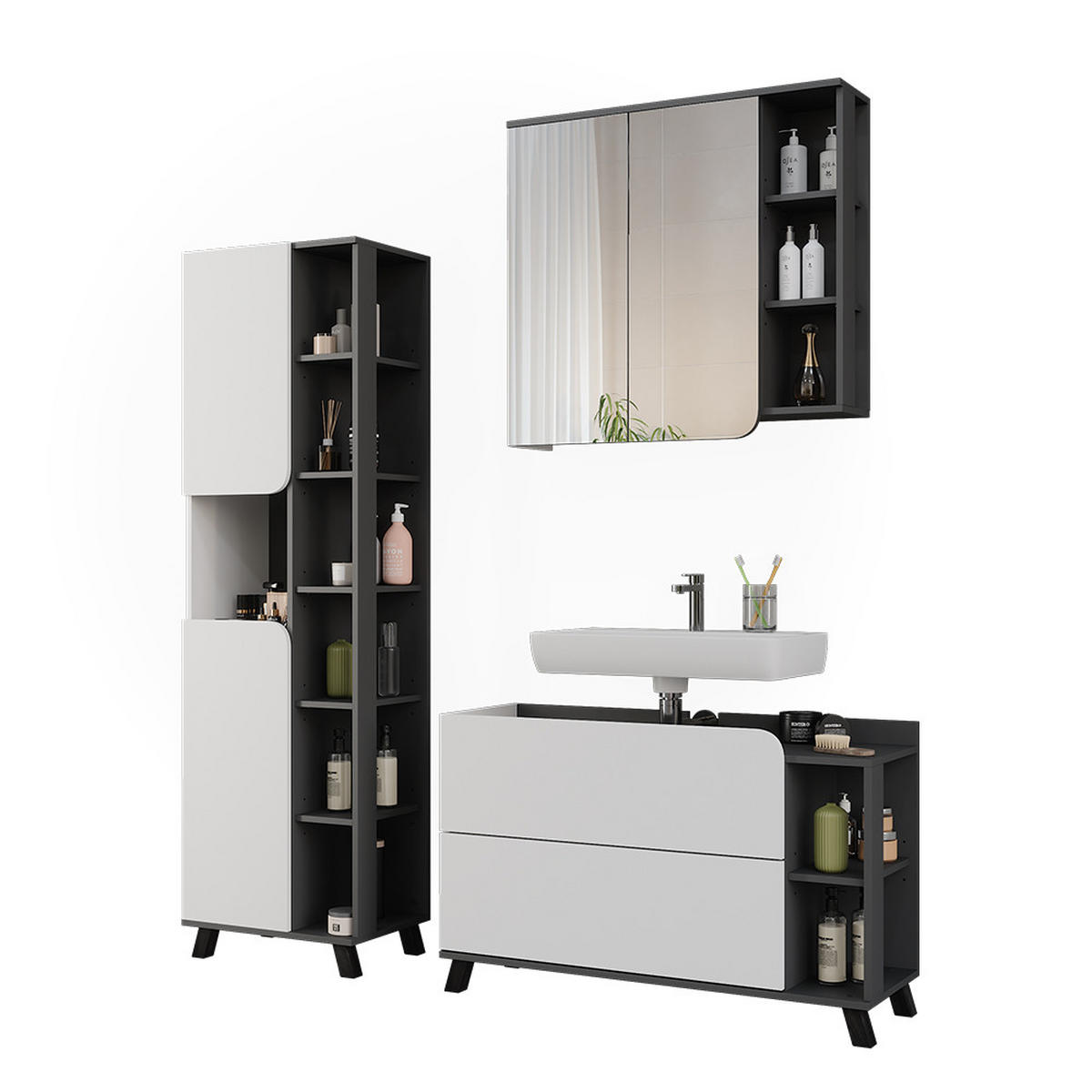BADMÖBEL-SET Karen Anthrazit/Weiß 3 Teile - Anthrazit/Weiß, Holzwerkstoff (100/65/35cm) - Vicco