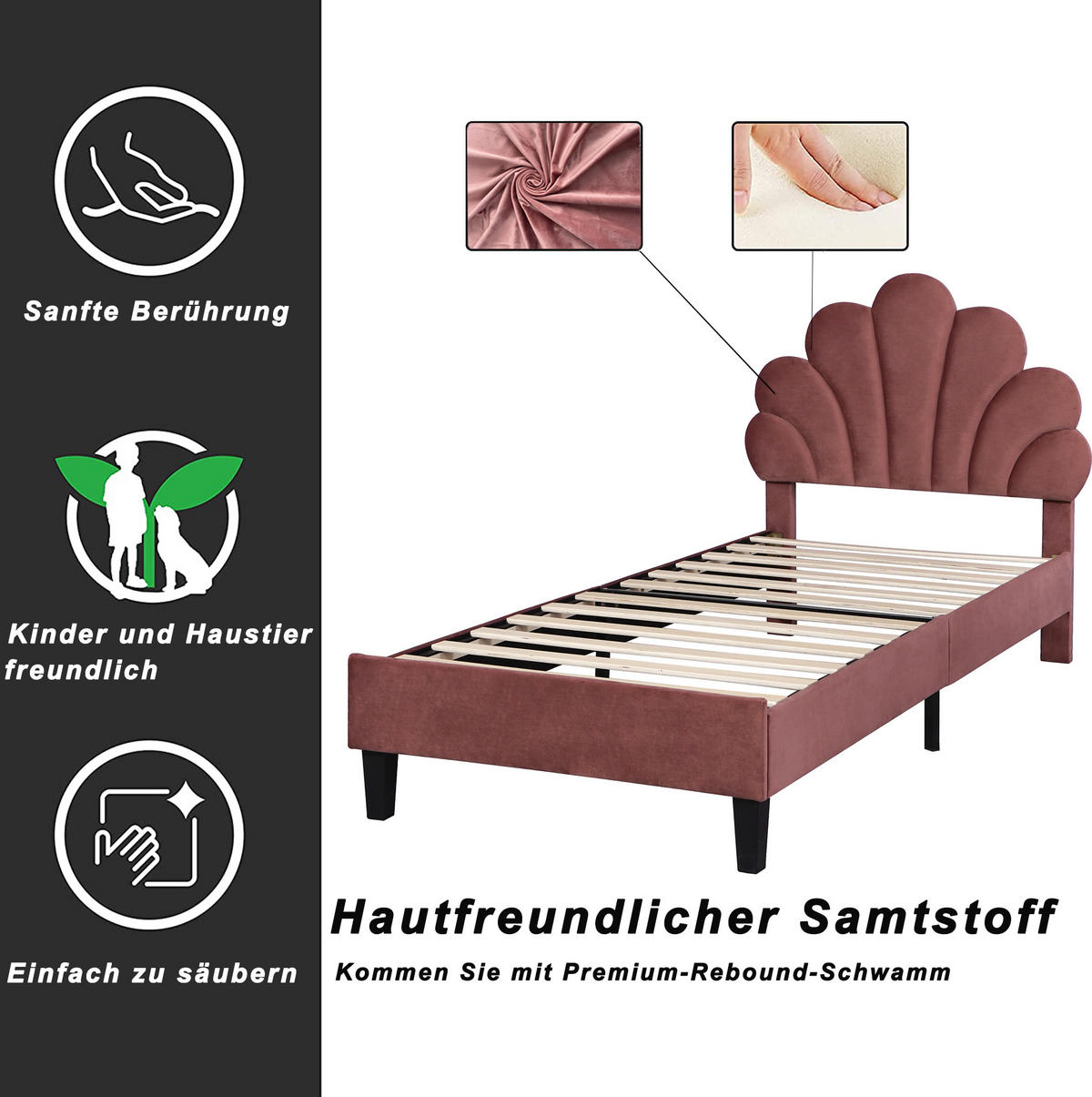 POLSTERBETT 90/200 cm bohnenrot aus Samt mit Blumen-Kopfteil - Dunkelrosa, Textil (90/200cm) - OKMYHOME