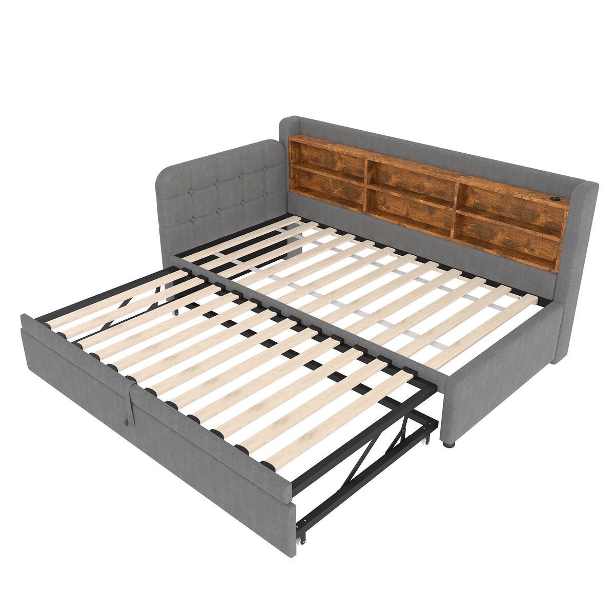 DAYBETT 90/200 cm Grau multifunktionales Ausziehbett mit USB- und Type-C-Anschlüssen aus Leinen - Grau, Textil (90/200cm) - OKWISH