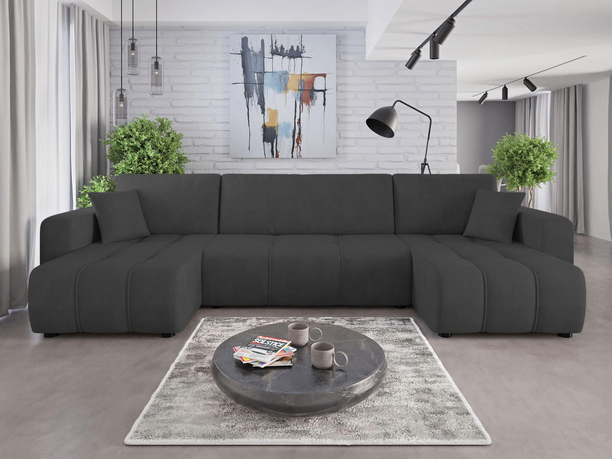 WOHNLANDSCHAFT Aice U-Form 317 cm – mit Schlaffunktion, Bettkasten, Kissen & bequemer Wellenfederung - Anthrazit, Kunststoff (317/85/146cm) - Wohnideebilder