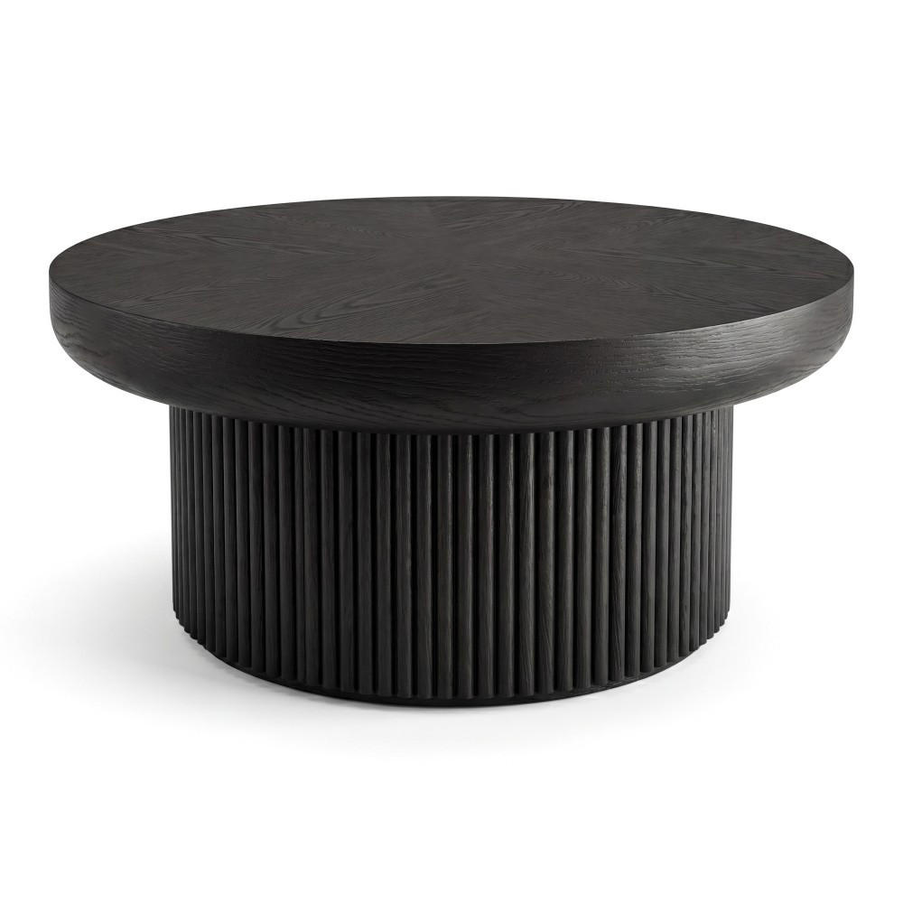 COUCHTISCH rund 78 cm mit Fischgrät-Furnier und geriffeltem Sockel, schwarzer Wohnzimmertisch im Mid-Century-Stil - Schwarz, Holzwerkstoff (78/78/38.5cm)