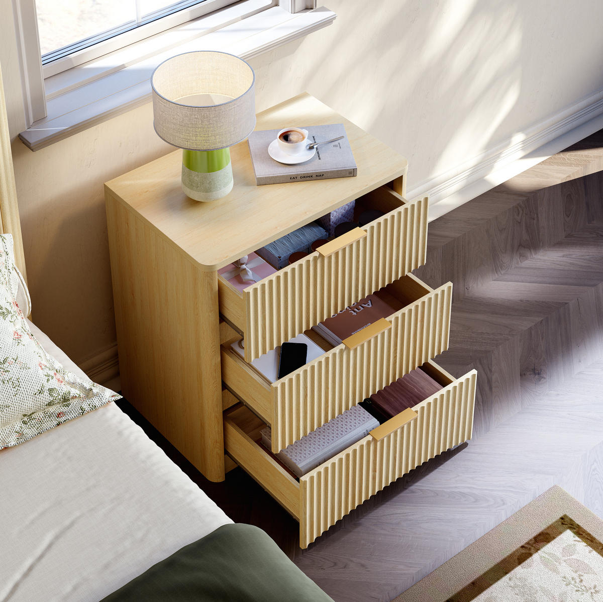 NACHTTISCH 58/38/64 cm in Eiche mit 3 Schubladen und Rillendesign - Braun, Holzwerkstoff (38/64/58cm) - Flora Grace