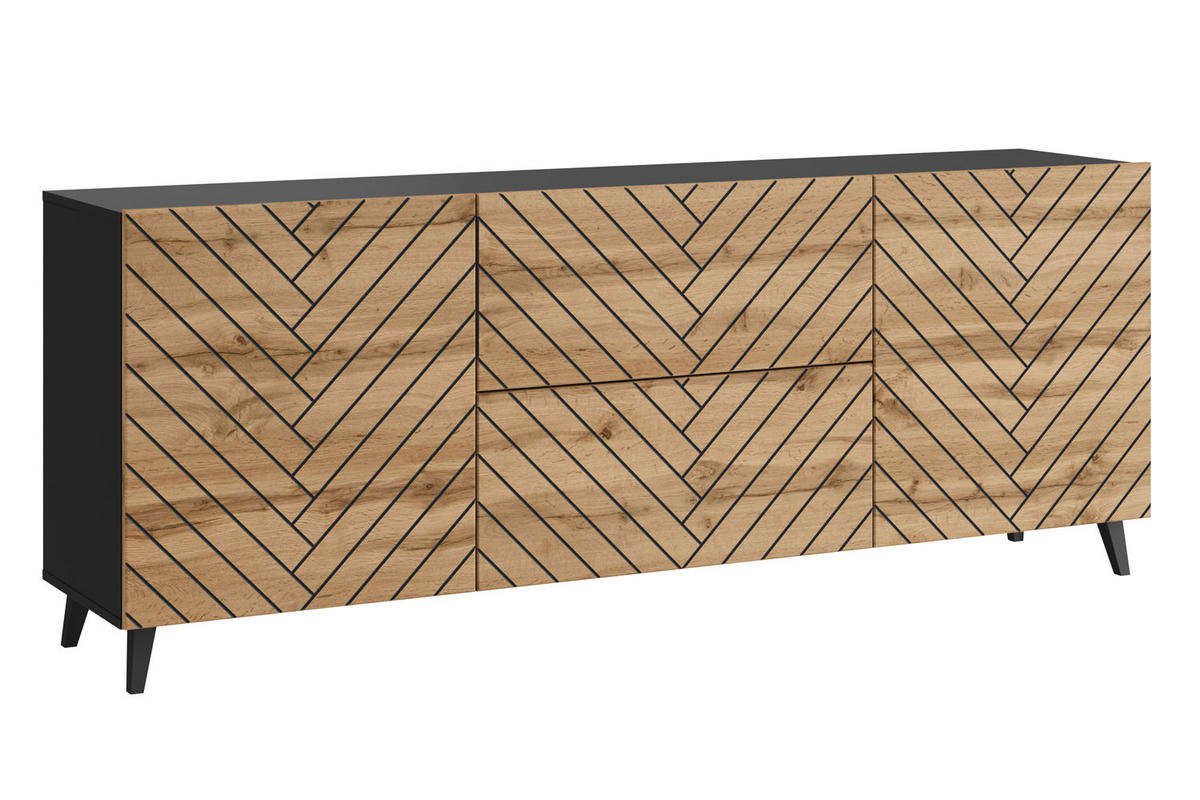 KOMMODE Phuket Graphit Schwarz / Wotan Eiche Fischgrätenmuster 180 / 39 / 69cm - Eiche Wotan/Schwarz, Holz/Holzwerkstoff (180/69/39cm) - Feldmann-Wohnen