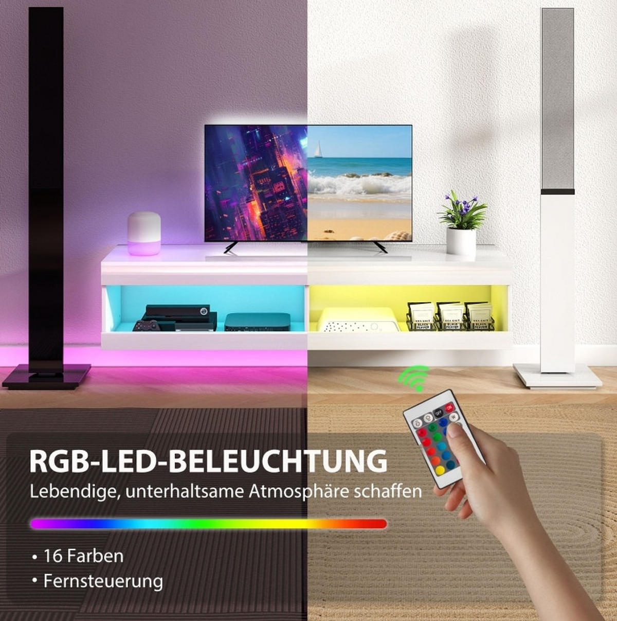 TV-LOWBOARD aus Holz 140x40x30 cm Weiß Hochglanz mit RGB-LED-Beleuchtung und Kabelmanagement - Weiß, Holzwerkstoff (140/30/40cm) - Modfu