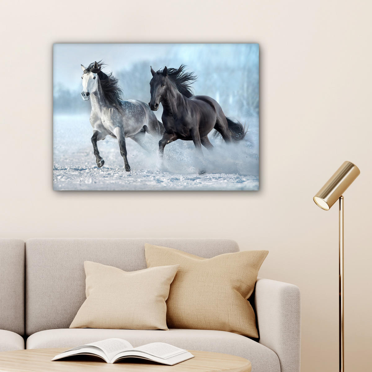 LEINWANDBILD Pferde - Winter - Tiere - Natur - Schnee Wandbilder 80x60 cm - Anthrazit, Textil (80/60cm) - MuchoWow