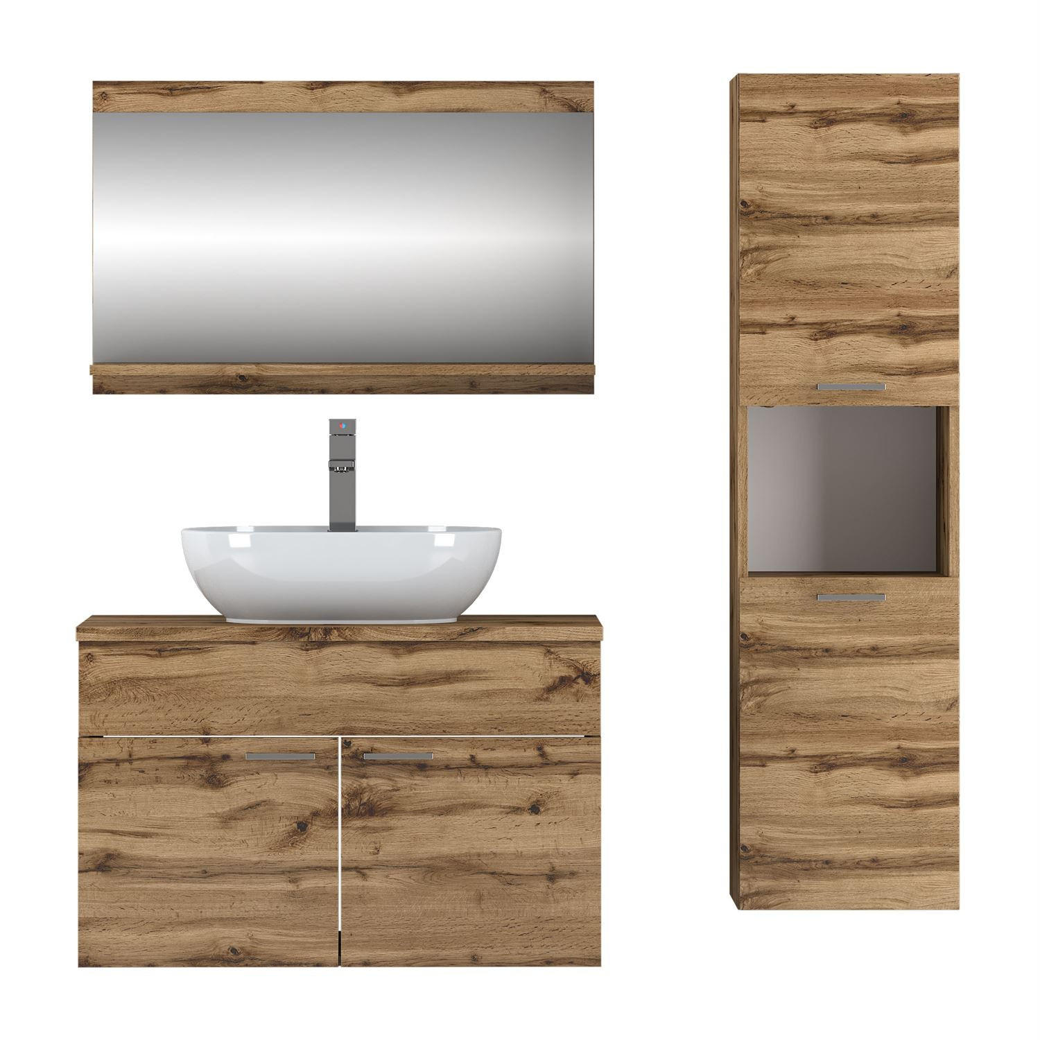 BADMÖBEL-SET LUMIRE LOFT Wotan Eiche mit Spiegel - Braun, Holzwerkstoff (80/52/46cm) - Lookway
