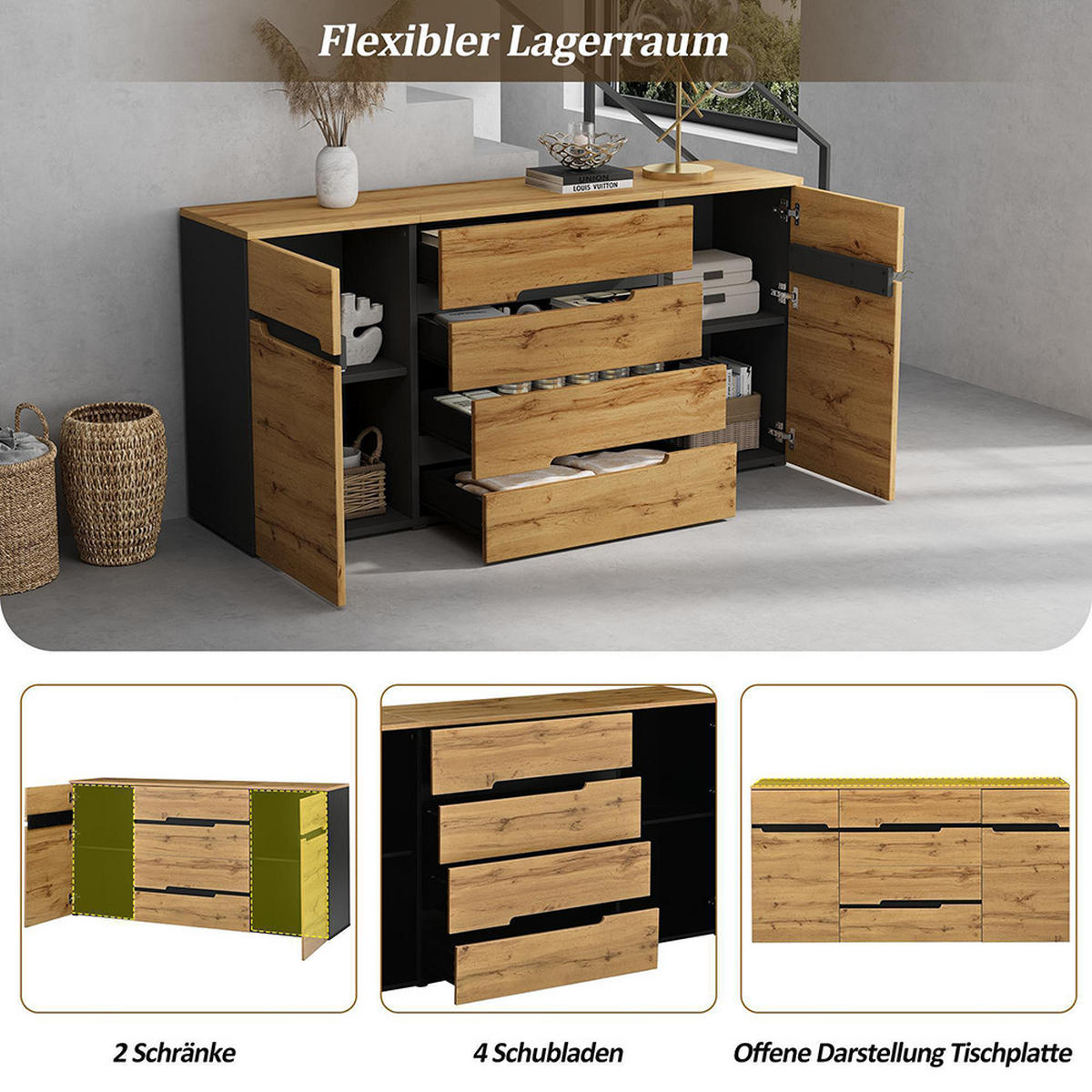 KOMMODE 160 x 40 x 80 cm mit 4 Schubladen, Holzfarbe + Schwarz - Naturfarben, Holzwerkstoff (40/80/160cm) - KOMHTOM