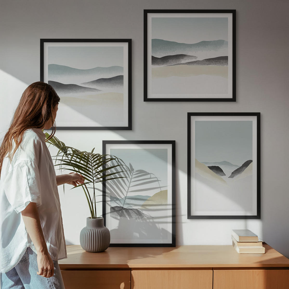 WANDBILDER 4er-Set - 50x50 cm & 40x60 cm Schwarzer Rahmen - Berge minimalistische Pastellfarben - Schwarz, Kunststoff (50/50cm) - ArtPrintCave