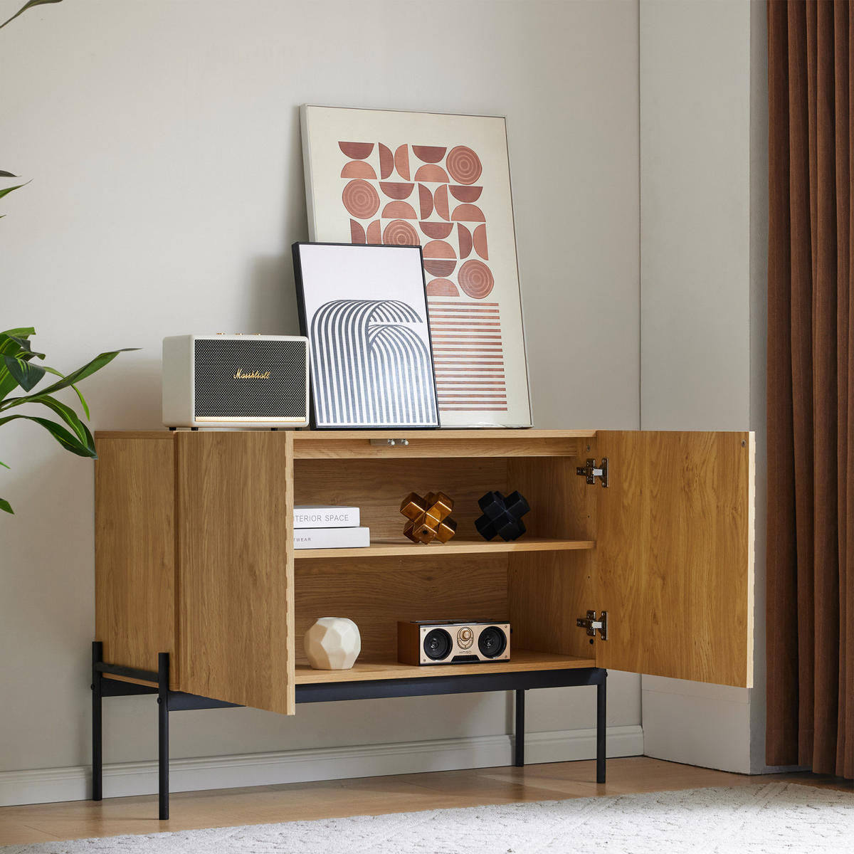 SIDEBOARD 100x40x75 cm, Linien-Design, 2 Türen, Holzfarben - Kastanienfarben, Holz (100/75/40cm)