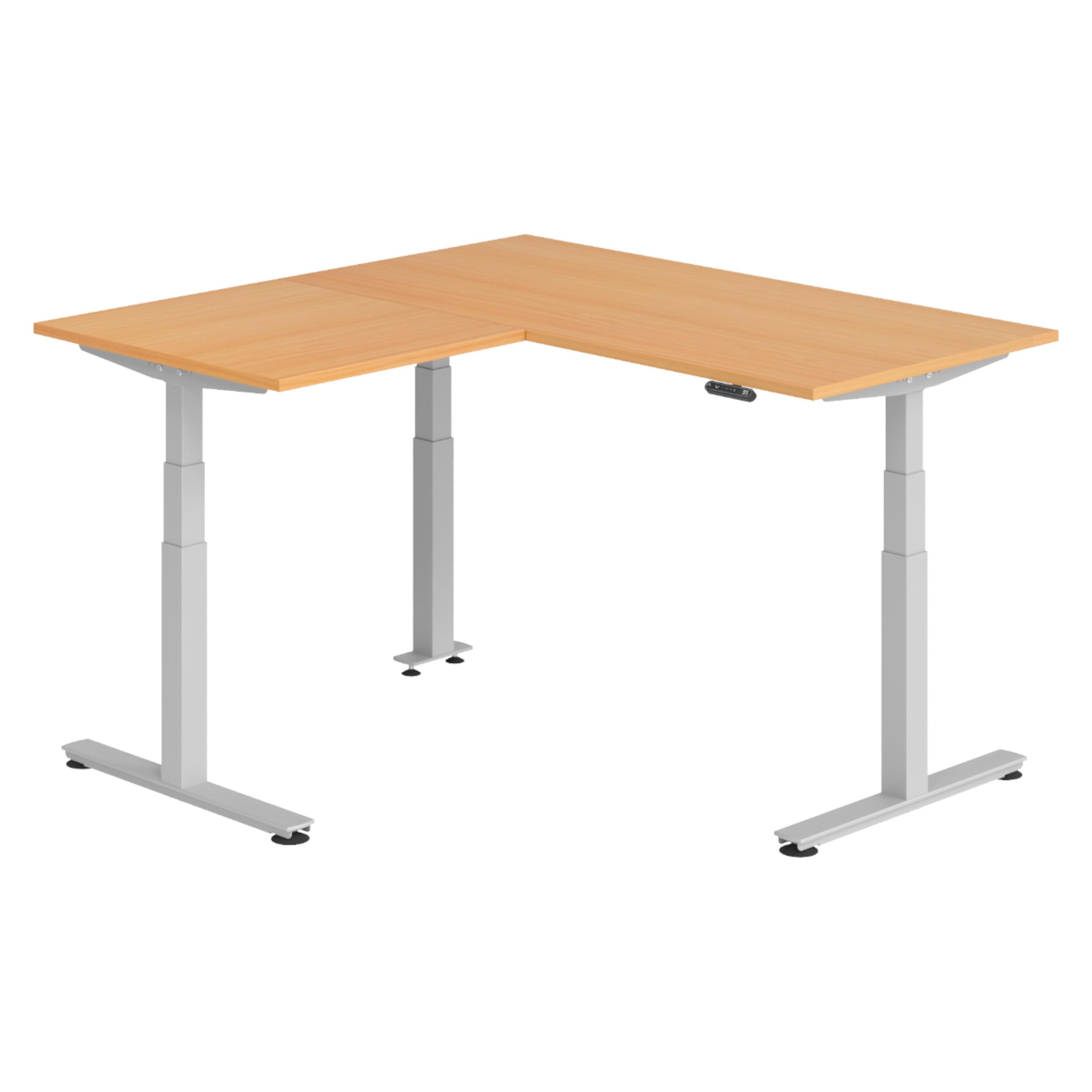 ECKSCHREIBTISCH elektrisch höhenverstellbar L-Form 160/160/74 cm in Buchefarben/Silberfarben - Buchefarben/Silberfarben, Holzwerkstoff (160/160/74cm) - bümö