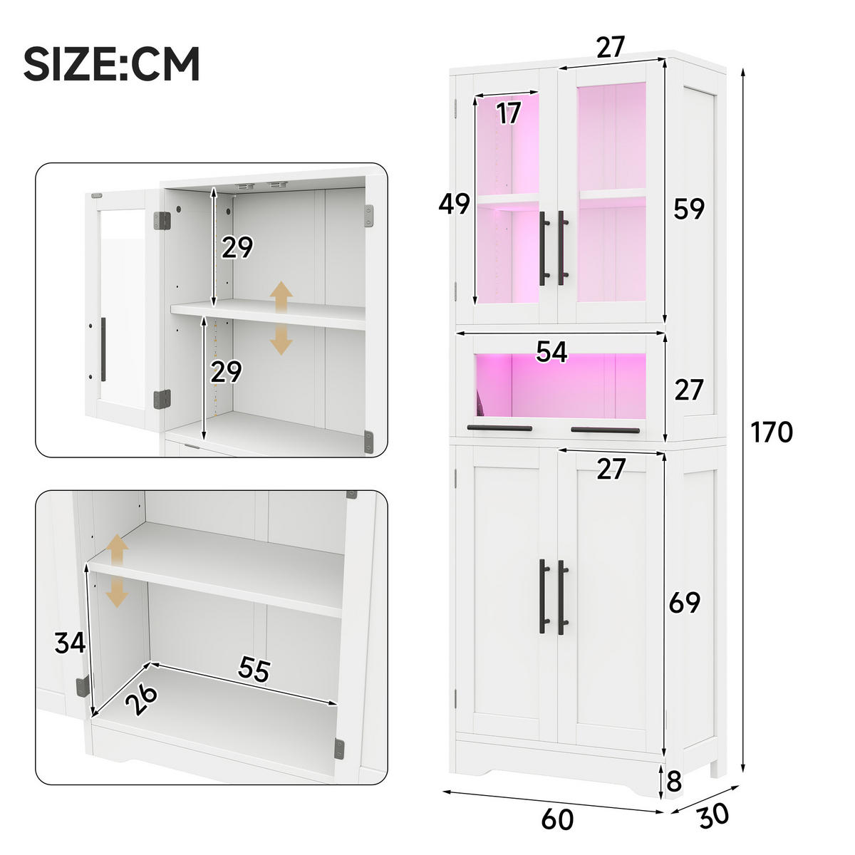 BADEZIMMERSCHRANK in Weiß Aufbewahrungsschrank mit Verstellbare Einlegeböden und App-gesteuertes LED, B60/T30/H170cm - Weiß, Glas/Holzwerkstoff (60/170/30cm) - STILVORA