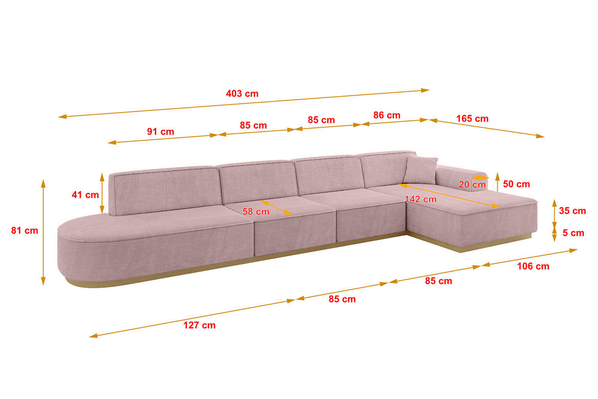 ECKSOFA Ottomane Rechts IREA-L3-v2 - 403x165x81 cm Rosa - Rosa, Holzwerkstoff/Textil (403/165cm) - ALTDECOR