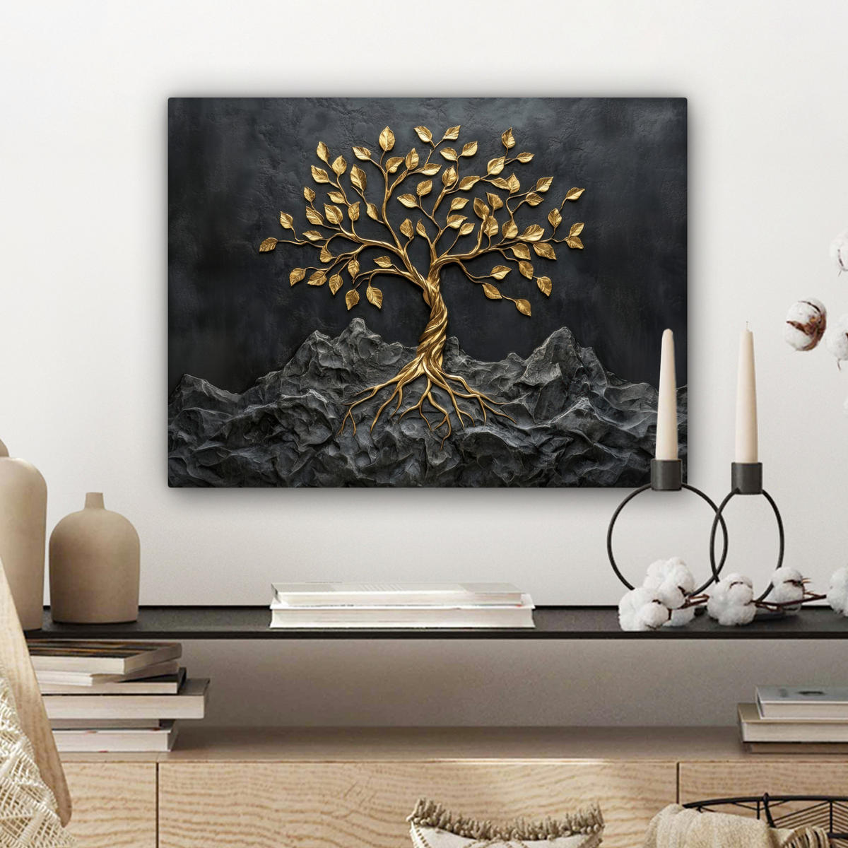 LEINWANDBILD Blätter - Gold - Baum - Fels Wandbild 40x30 cm - Schwarz, Textil (40/30cm) - MuchoWow