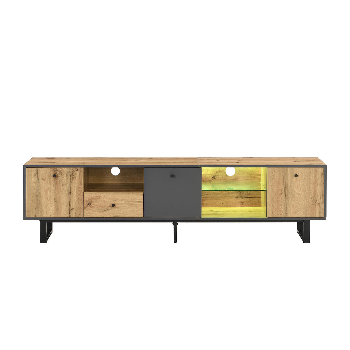 TV-RACK 190x40x50cm mit LED-Beleuchtung und Glastrennwand Holz-Anthrazit - Naturfarben, Holz (50/18/94cm) - Raelunyi