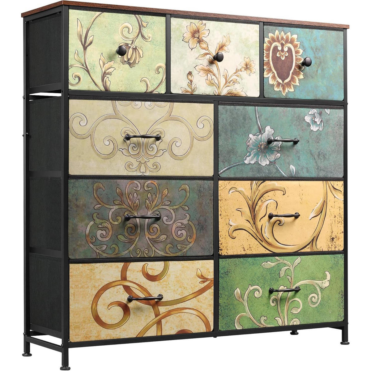 KOMMODE mit 9 Stoffschubladen, Stoffkommode mit Metallrahmen - Multicolor, Holz (30/100/100cm)