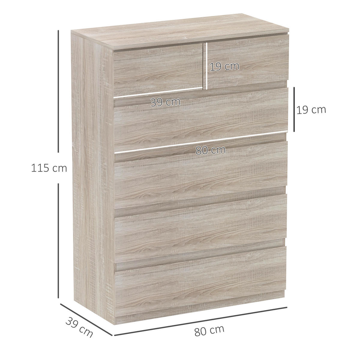 KOMMODE Naturfarben 6 Schubladen 80/39/115 cm - Naturfarben, Holzwerkstoff (39/115/80cm) - PANGIVO