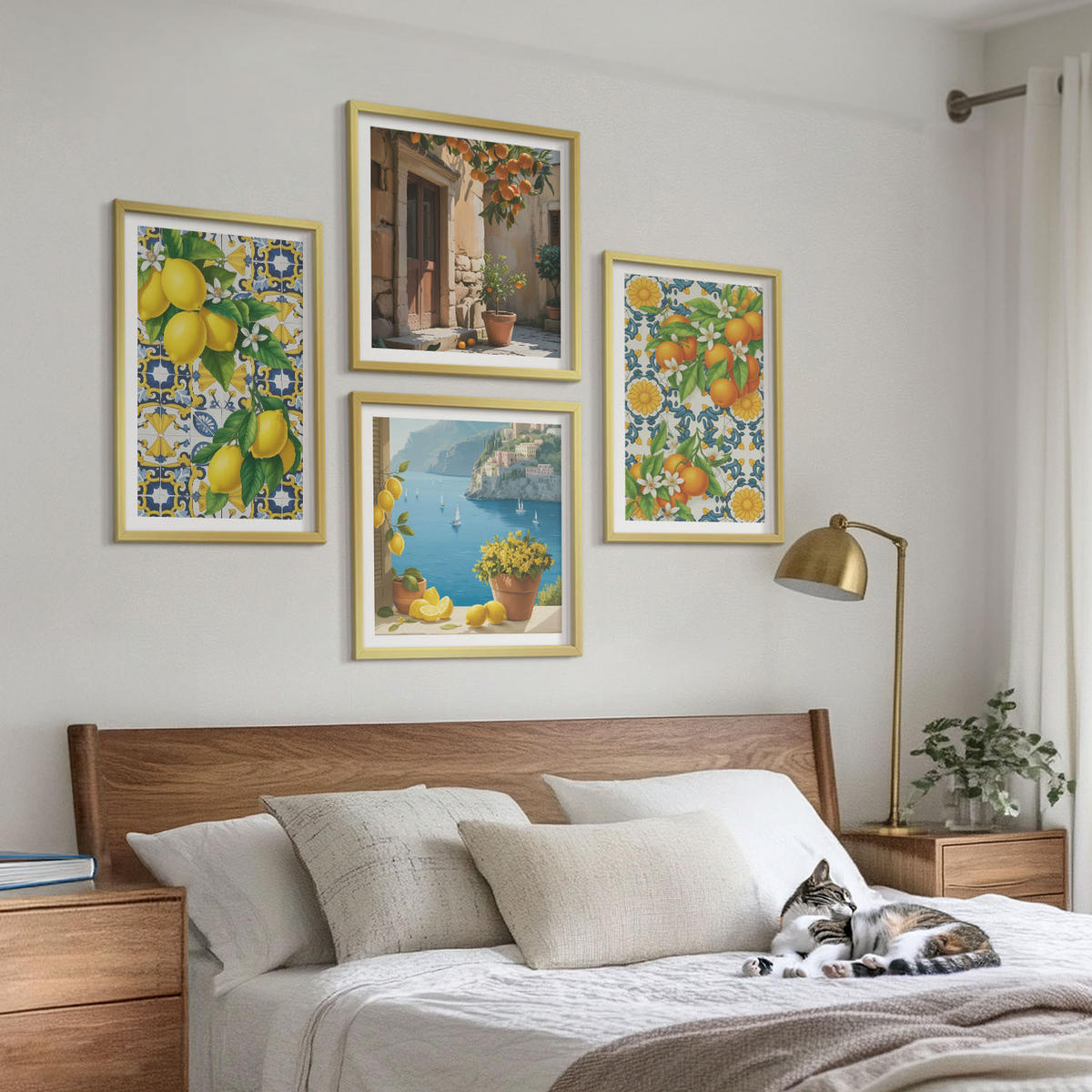 WANDBILDER 4er Set - 50x50 cm & 40x60 cm Goldrahmen - Zitronen, Blumen, Orangen, Italien - Goldfarben, Kunststoff (50/50cm) - ArtPrintCave