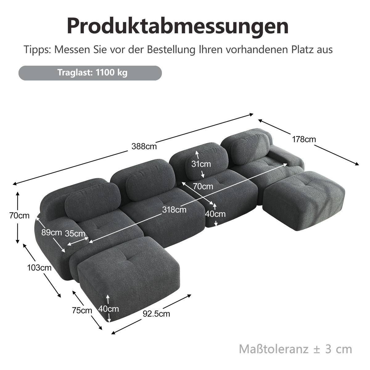 WOHNLANDSCHAFT DE-34025 modular 4-Sitzer Grau - Grau, Textil (178/75/388cm) - ComfortXL