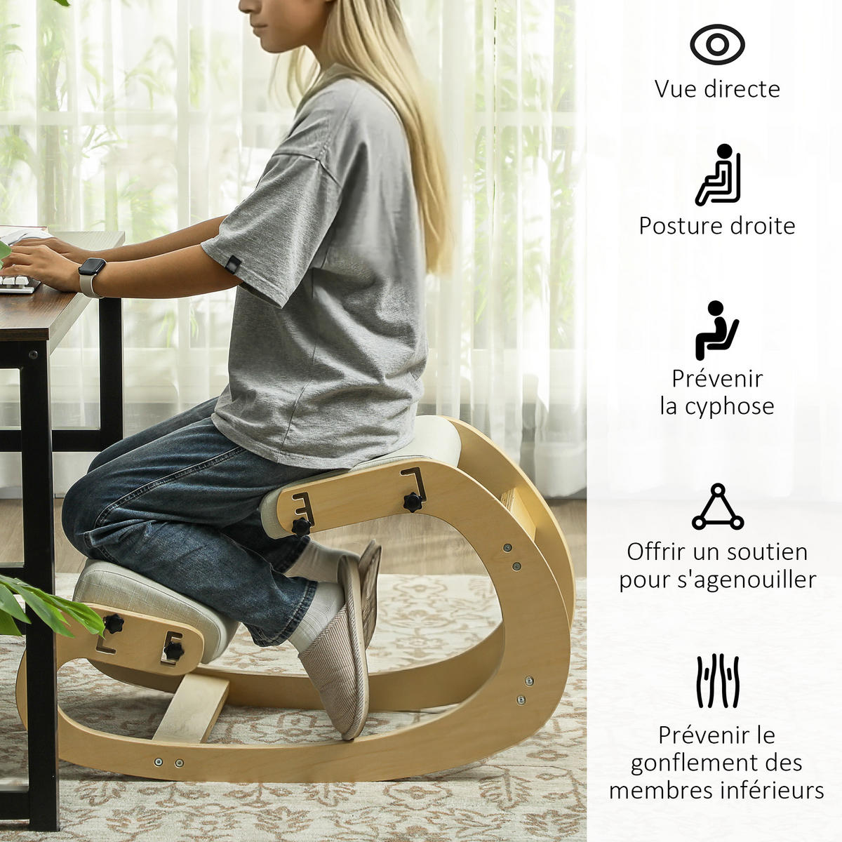 KNIESTUHL DE-11872 mit Wippfunktion & höhenverstellbar Natur - Creme, Holz (55/55/85cm) - ComfortXL