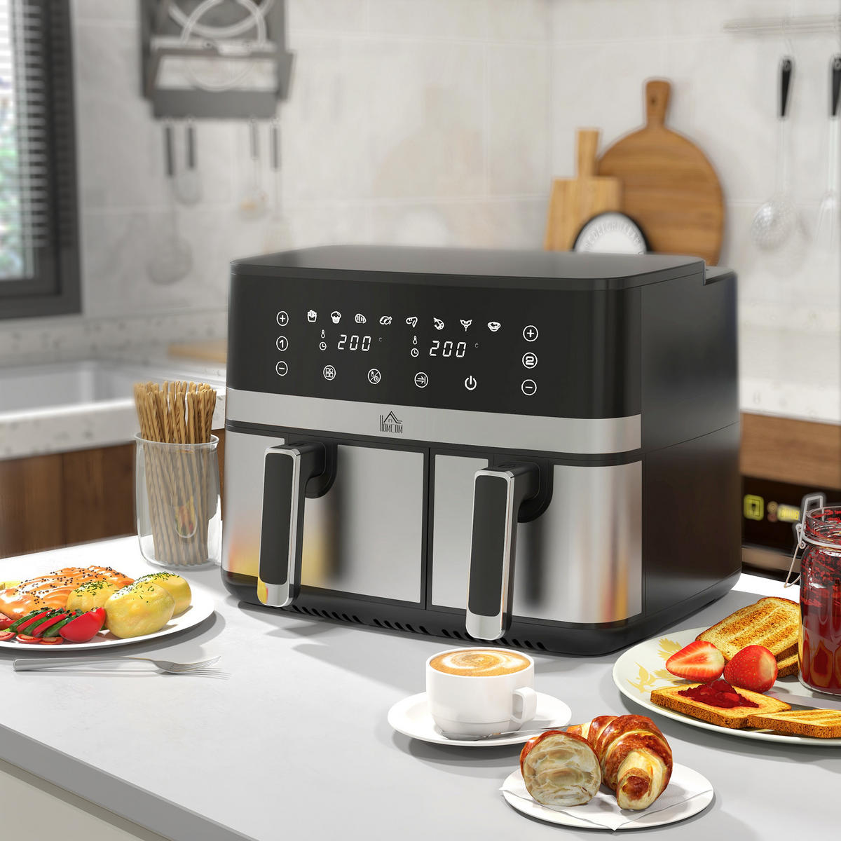 HEISSLUFTFRITTEUSE DE-07932 2 Körbe (5,2 L & 3,3 L), 8 Programme Schwarz+Silber - Schwarz, Metall (39.2/31.1/41.8cm) - ComfortXL