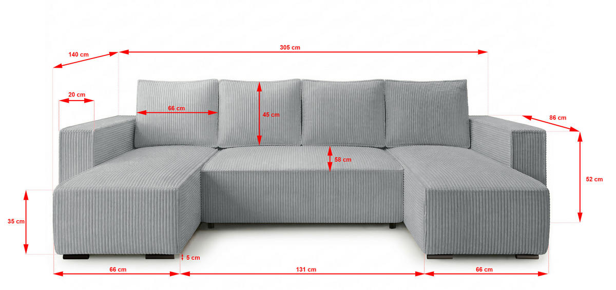 WOHNLANDSCHAFT CUDDY Umit Schlaffunktion und Bettkasten, Farbe: Grau, Cordstoff - Grau, Textil (305/85/140cm) - Storez24