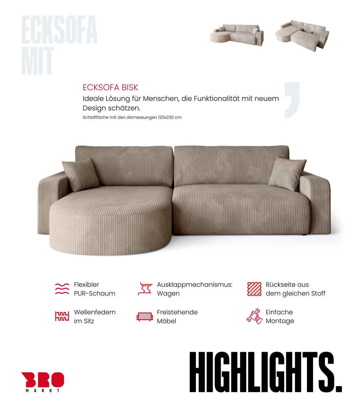 ECKSOFA Bisk mit Schlaffunktion Beige Cordstoff - Beige, Textil (275/170cm) - Bromarkt