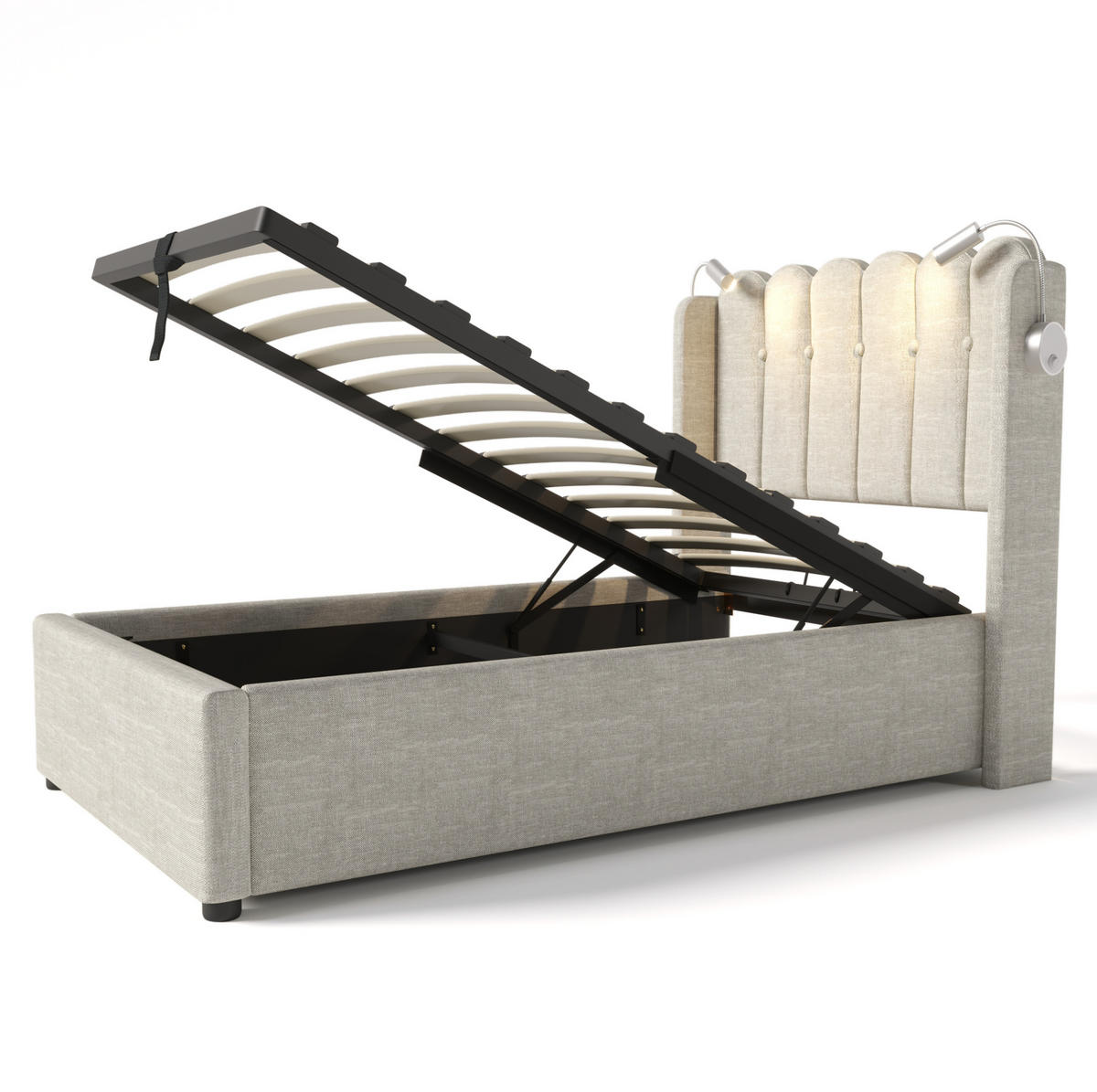 POLSTERBETT 90/200 cm mit Bettkasten, USB und Leselicht, Natur - Naturfarben, Textil (90/200cm) - BEAOK