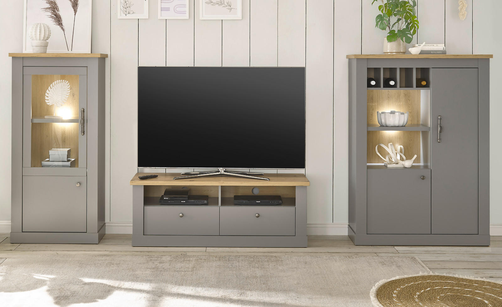WOHNWAND 3-teilig 323cm grau, Artisan Eiche, Wohnkombination im Landhaus-Stil - Silberfarben/Hellgrau, Holzwerkstoff/Metall (323/142/44cm) - Furn.Design