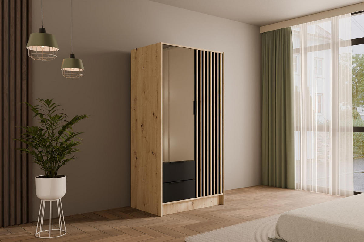 KLEIDERSCHRANK NELIA - 120 cm - Schwarz/Eiche Artisan, Holzwerkstoff (102/200/51cm) - ALTDECOR