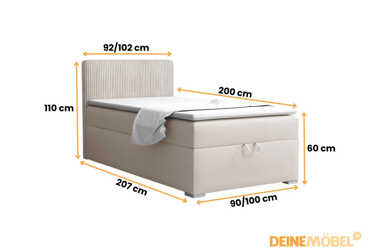 BOXBETT TEEN 4 90/200 Velours / Cord Ecru H3 - Ecru, Holz/Holzwerkstoff (90/200cm) - Deine Möbel 24