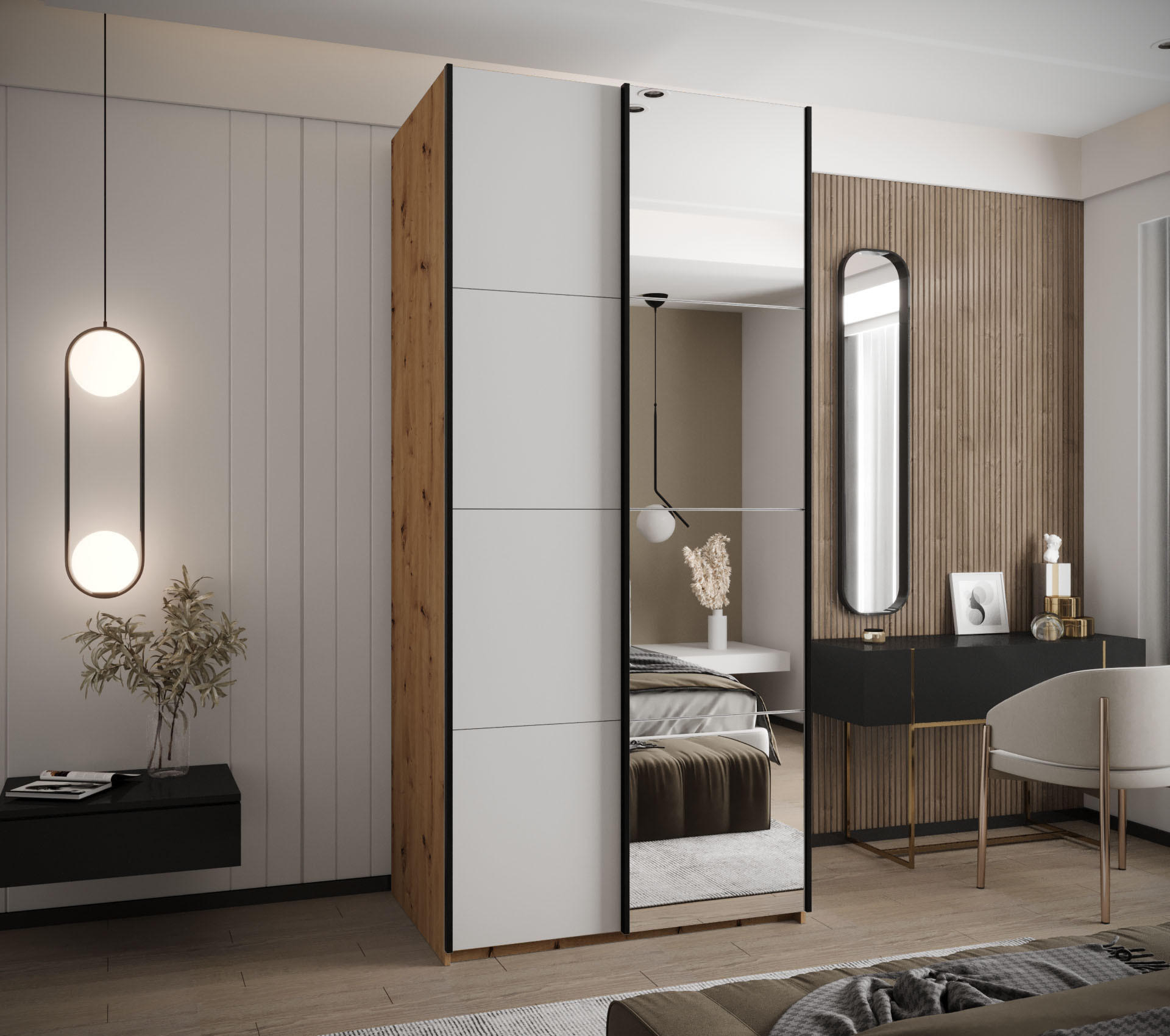 SCHWEBETÜRENSCHRANK 245,5/120/64 2-türig - Schwarz/Weiß, Holz/Metall (120/245/64cm) - Abiks Möbel