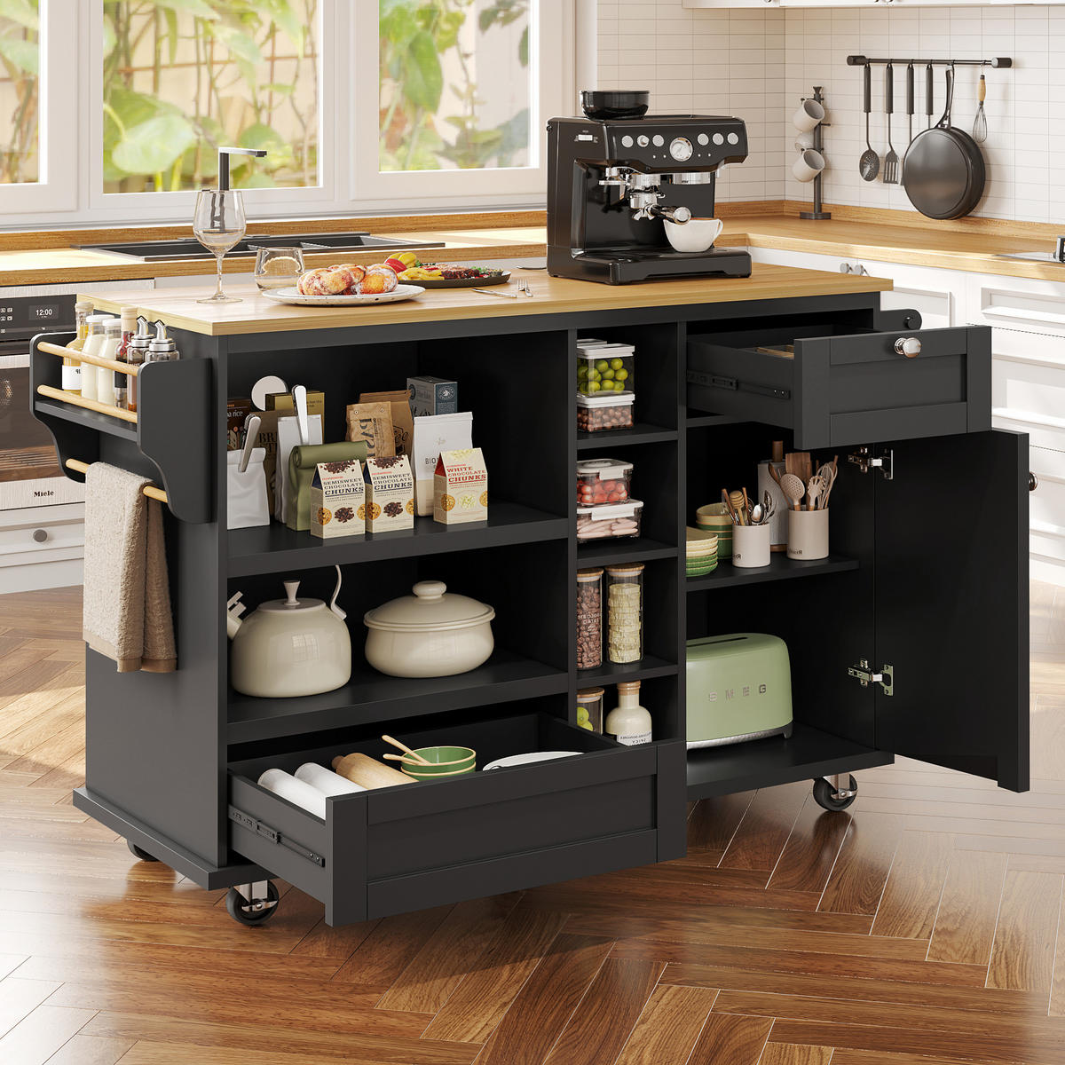 MOBILER Küchenschrank 129x46x96cm Schwarz mit Holzmaserung,Schubladen,Türen - Schwarz, Holzwerkstoff (139/92/46cm) - Modfu