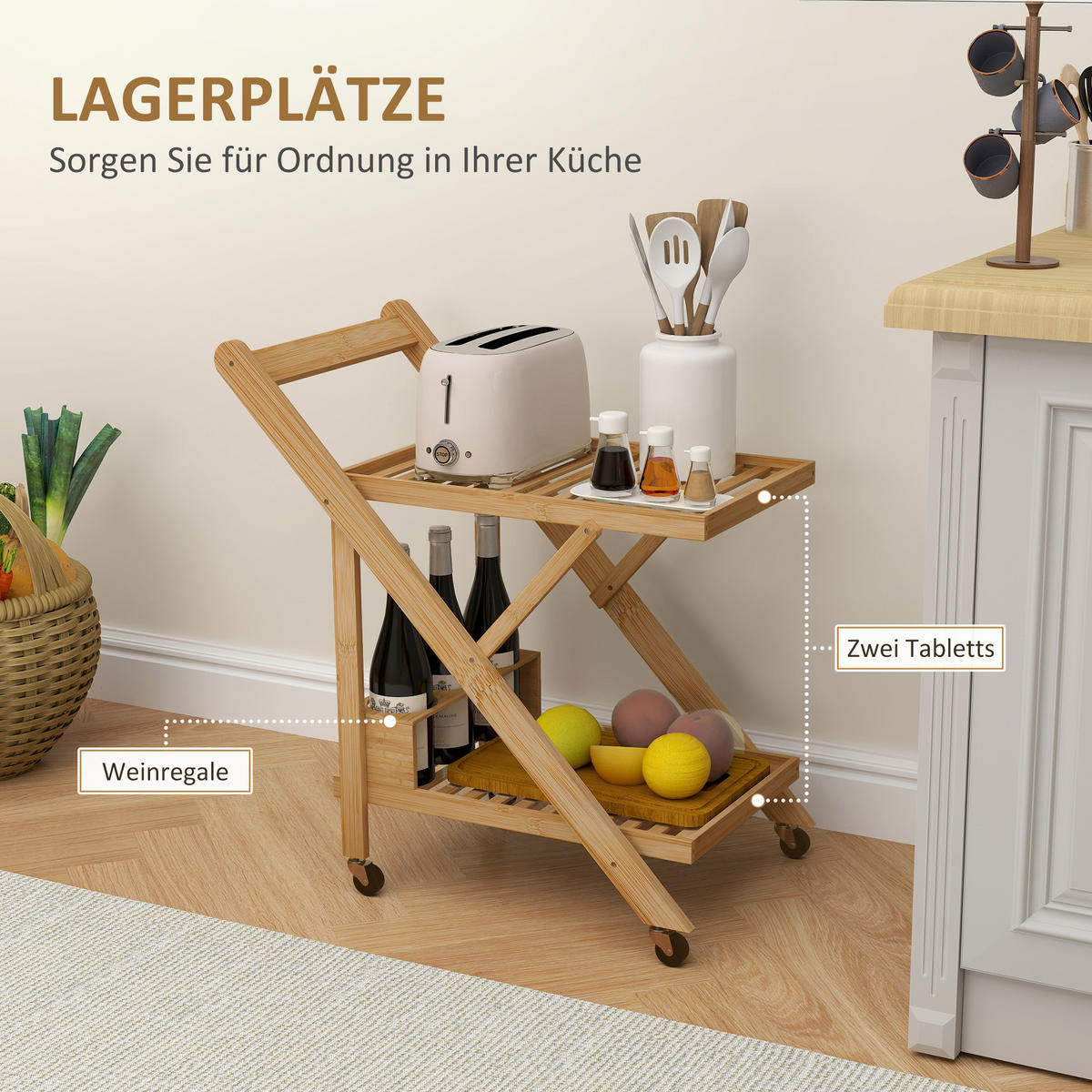KÜCHENWAGEN mit Weinregal, 66 x 40 x 70 cm, Natur - Naturfarben, Naturmaterialien (40/70/66cm) - HOMCOM