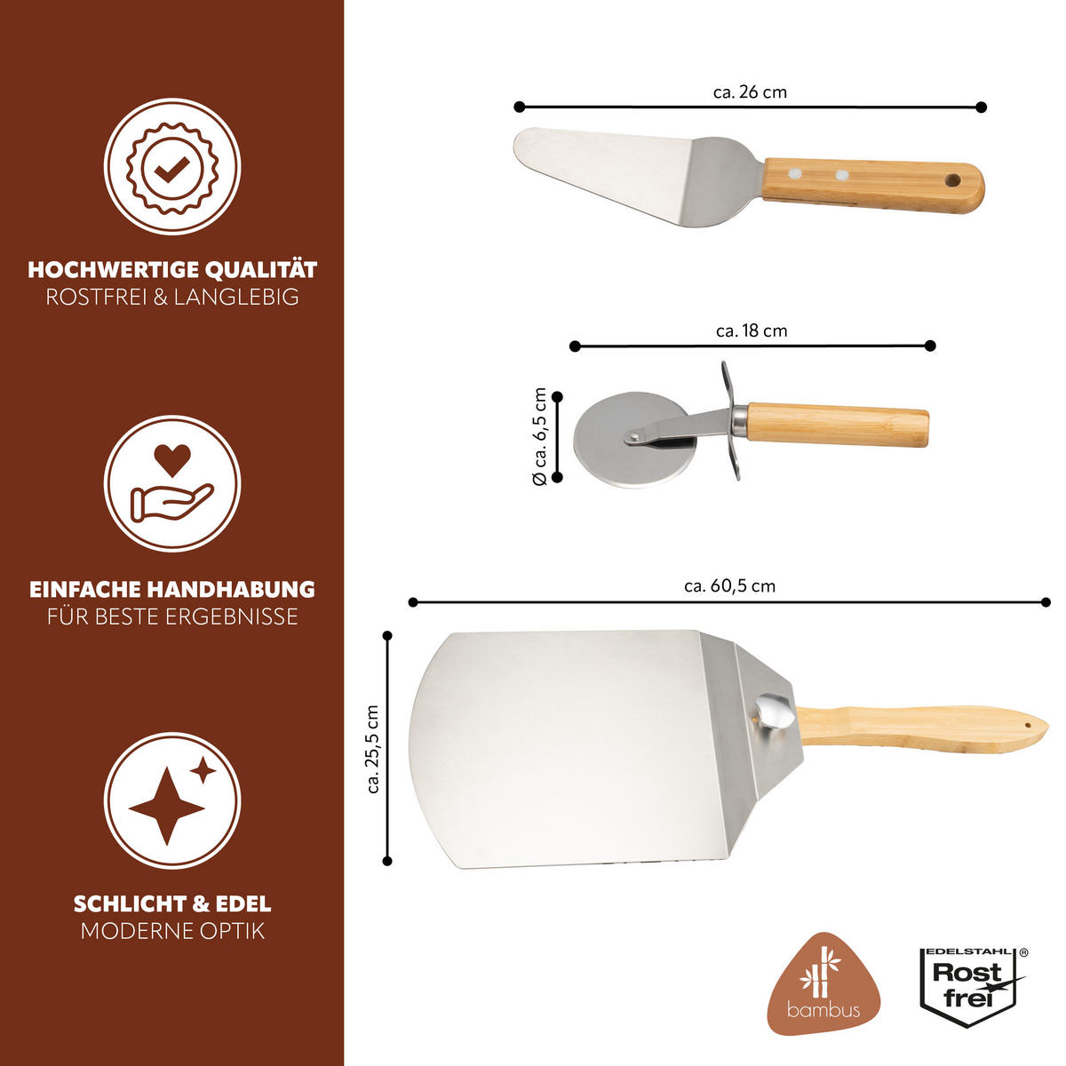 PIZZASCHIEBER 3er Set, aus Edelstahl mit Bambusgriff - Grau, Metall (60.5/1.5/25.5cm) - eluno
