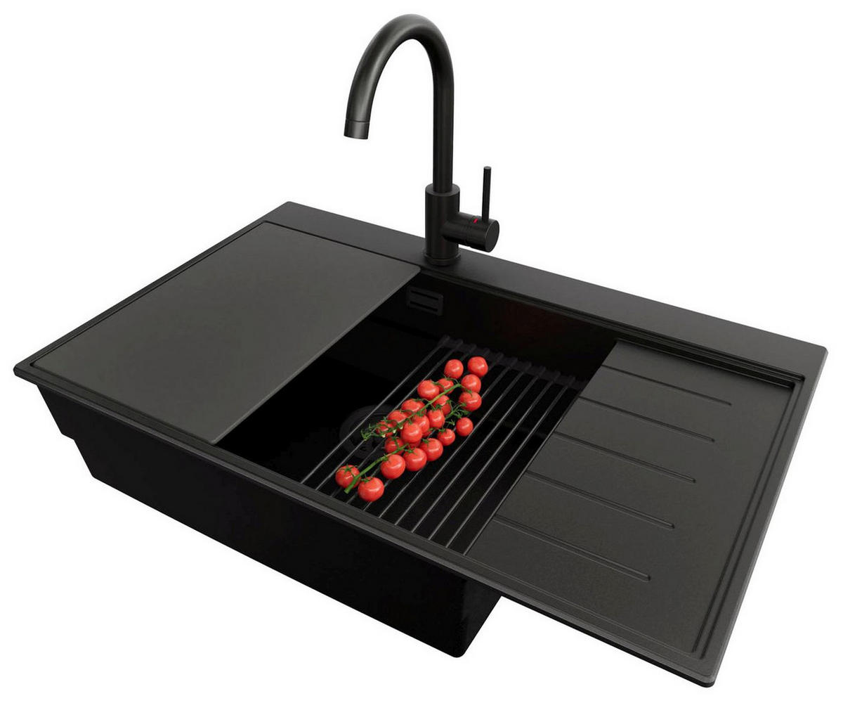 GRANITSPÜLE Sydney, 2-er set Alles Schwarz 78/50 cm 1 Becken + Küchenarmatur 32/20 cm + Ablauf-Set + Küchenzubehörset ab 60er Unterschrank - Schwarz, Kunststoff (78/20/50cm) - Primagran