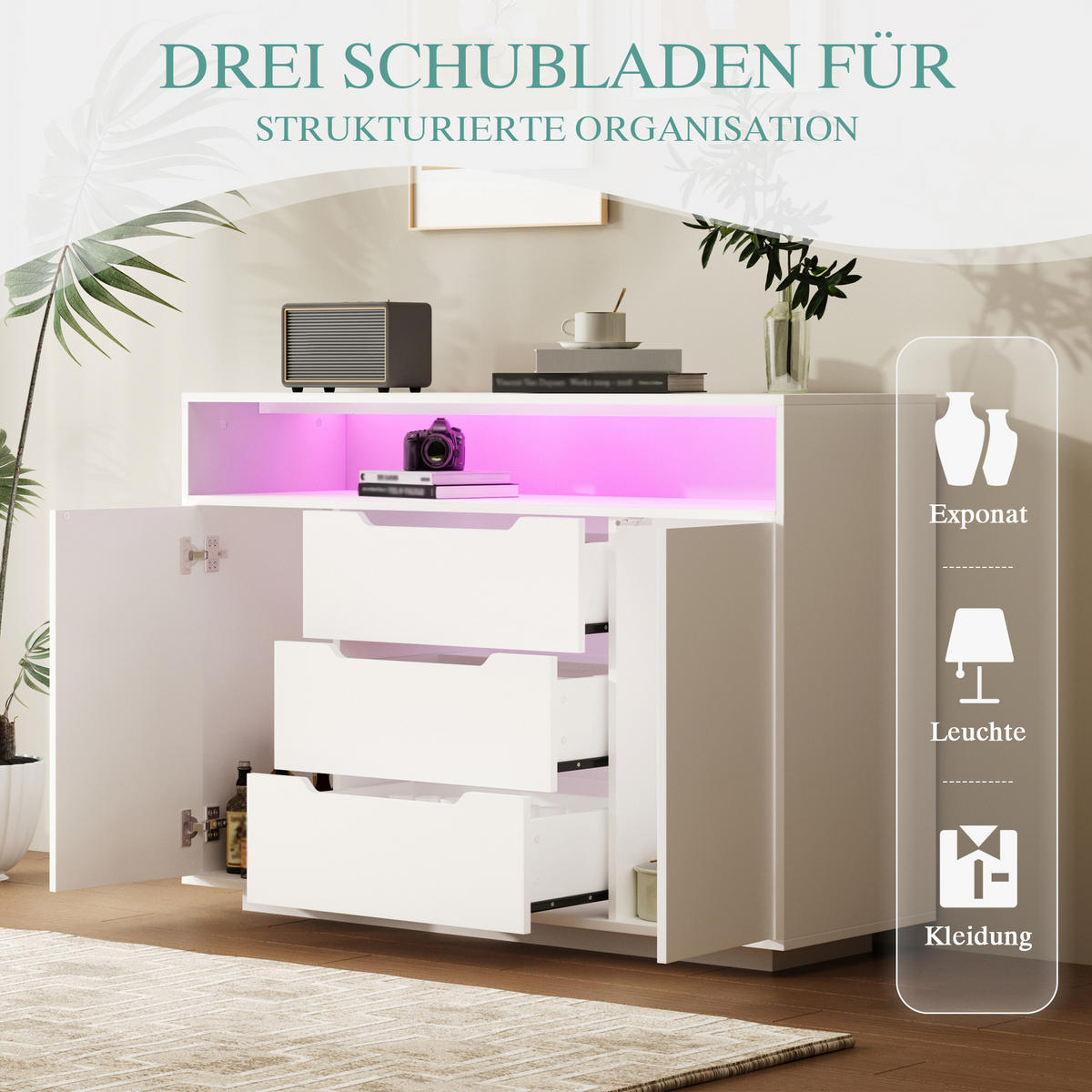 SIDEBOARD 120/40/85 cm weiß aus Holzwerkstoff mit offenem Regal, 3 Schubladen und LED - Weiß, Holzwerkstoff (120/85/40cm) - OKWISH