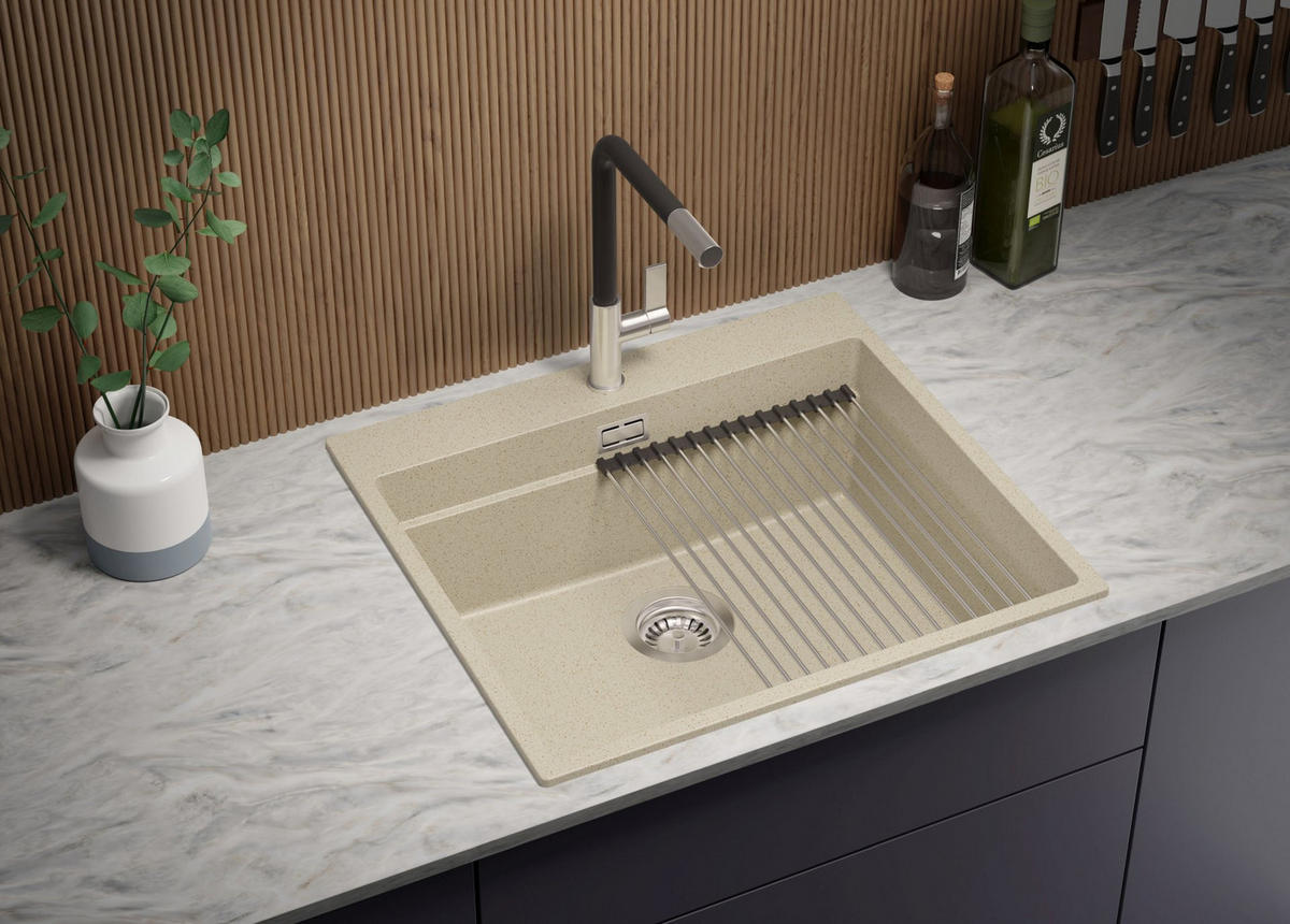 GRANITSPÜLE Oslo Max, 2-er set Beige 58/53 cm 1 Becken + Küchenarmatur 38/14 cm + Ablauf-Set + Aufrollbare Abtropffläche ab 60er Unterschrank - Chromfarben/Beige, Kunststoff (58/20/53cm) - Primagran