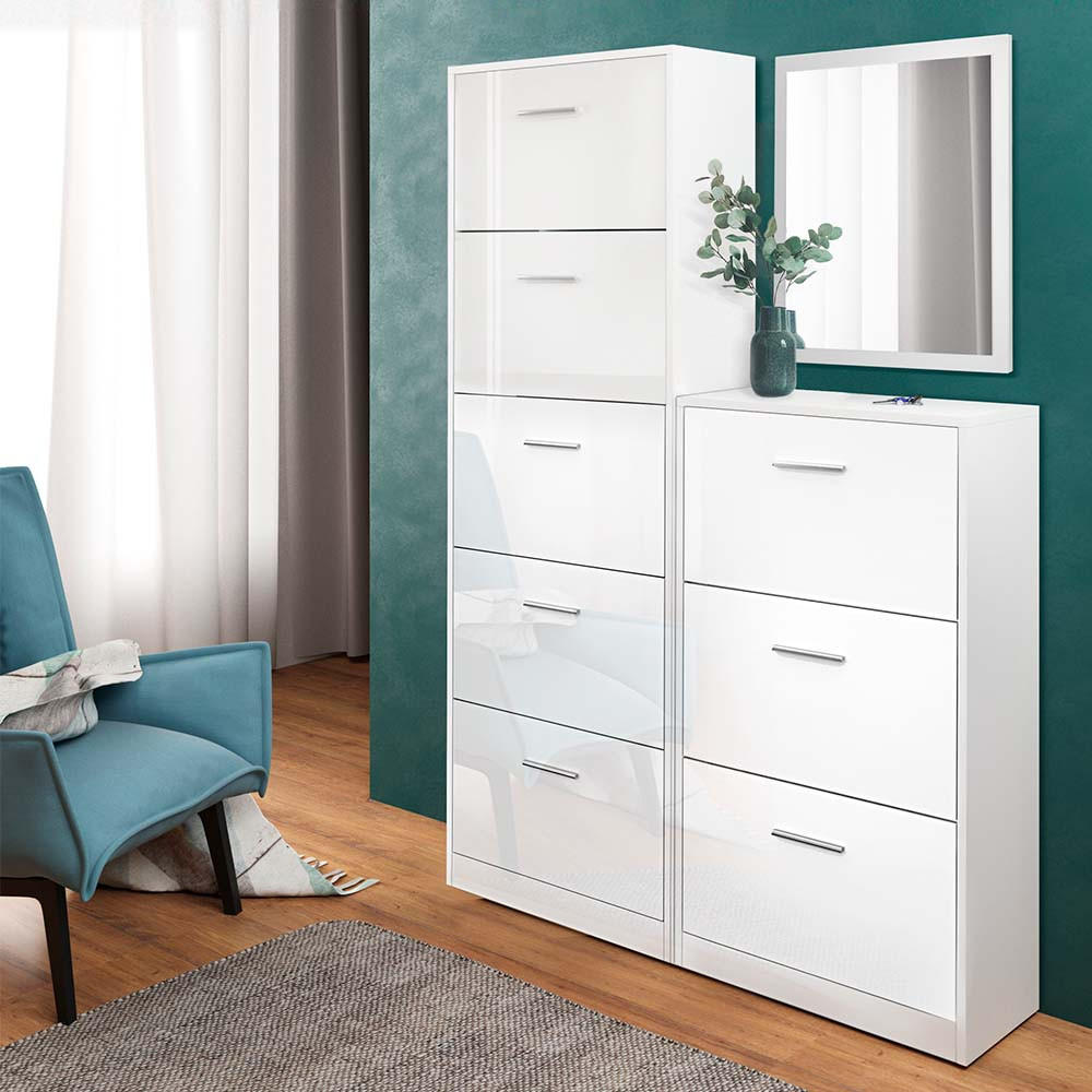 SCHUHKIPPER Gizmo Weiß Hochglanz Set mit Spiegel - Weiß Hochglanz/Weiß, Holzwerkstoff (59/105/22cm) - Vicco