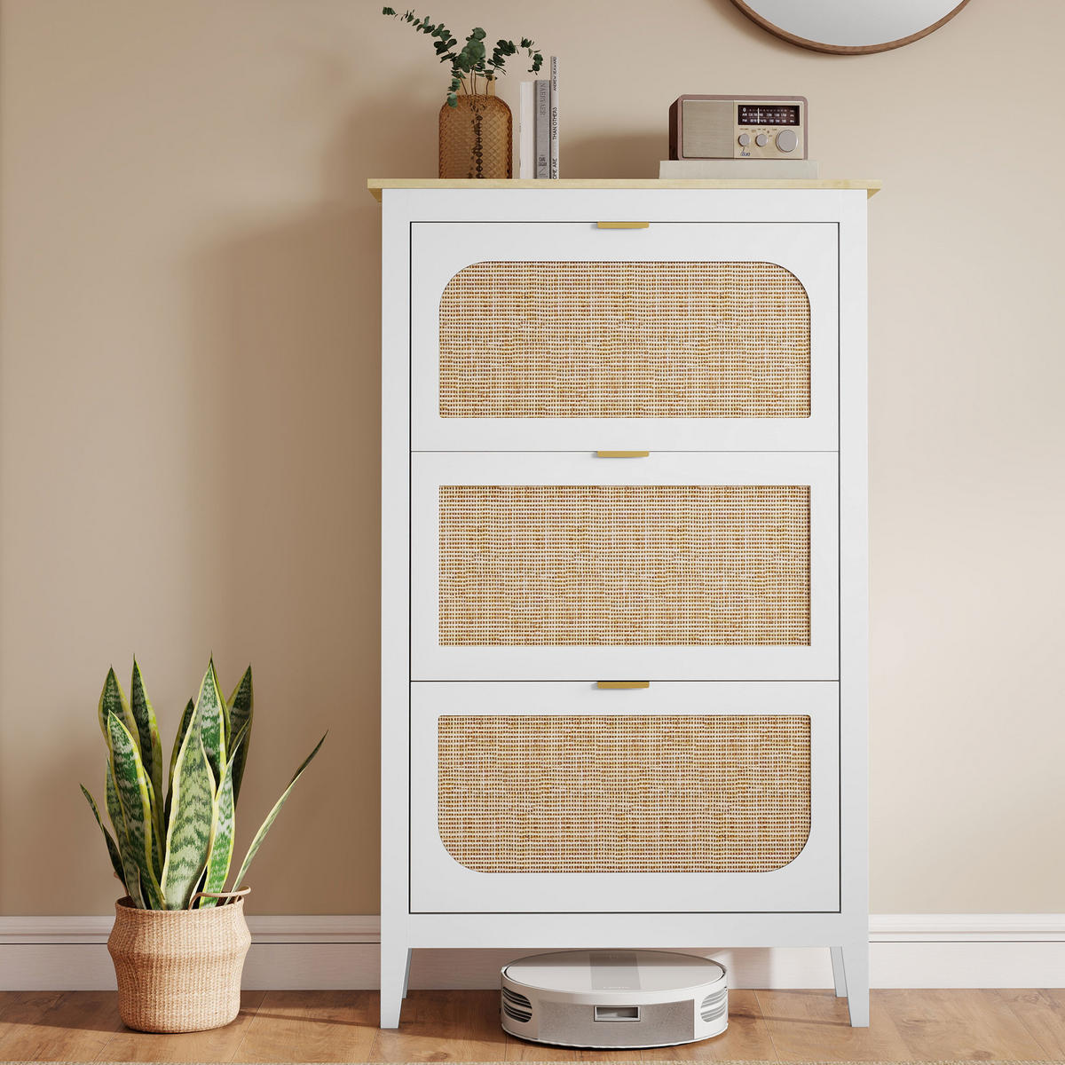 SCHUHSCHRANK DE-15045 Boho-Design mit 3 Klapptüren & Rattan-Optik Weiß - Weiß, Holzwerkstoff (80/131/24cm) - ComfortXL