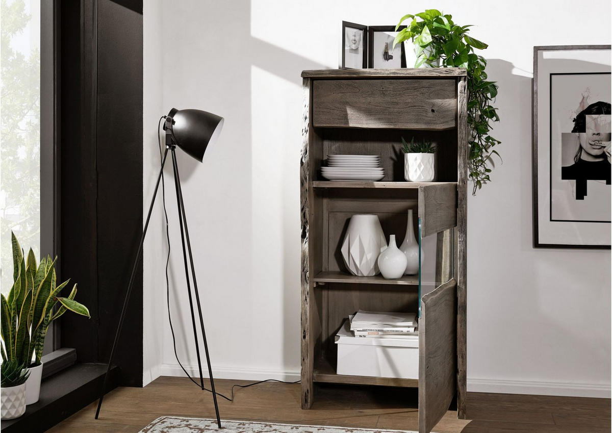 VITRINE Akazie 71x45x147 grau lackiert PURE ACACIA #405 - Grau, Holz (71/147/45cm) - Massivmoebel24