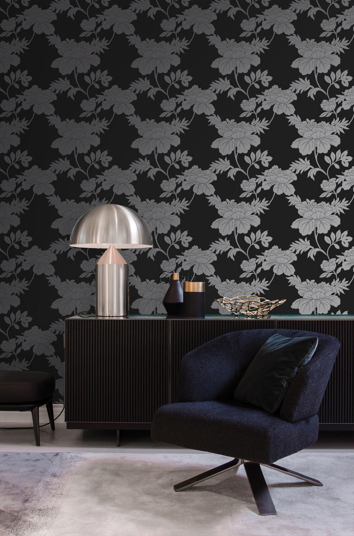 TAPETE Blumen 53 cm x 10.05 m - Schwarz, Papier (53/1000cm) - Origin Wallcoverings