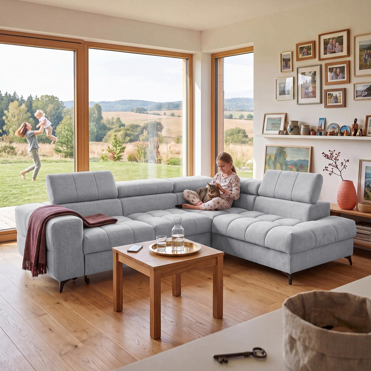 ECKSOFA PUDDING L Rechts mit Schlaffunktion 125x195 Velours Hellgrau - Hellgrau/Schwarz, Holz/Textil (275/203cm) - Muffo