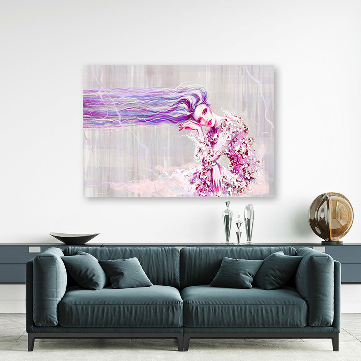 WANDBILD eine frau mit langen haaren - Blau, Textil (60/40cm) - Feeby